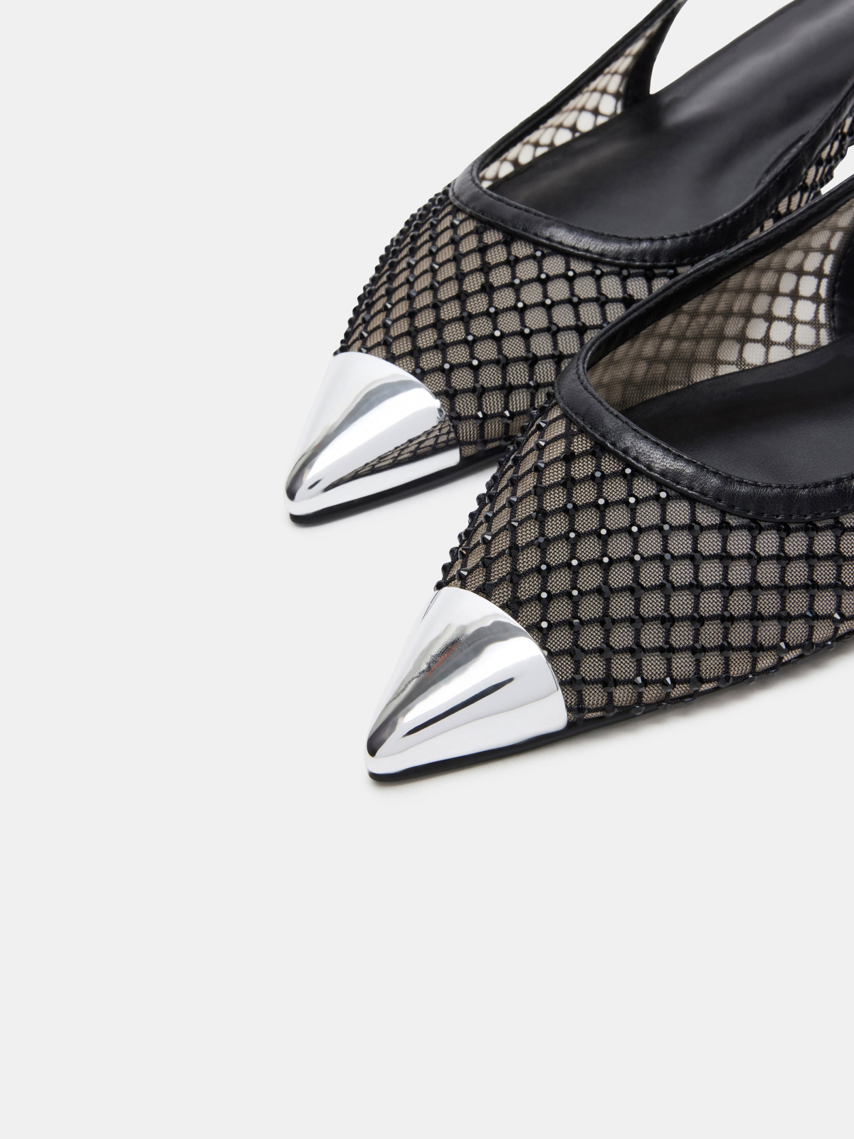 Black Fishnet Rhinestone Pointy Slingback Flats With Silver Toe Cap