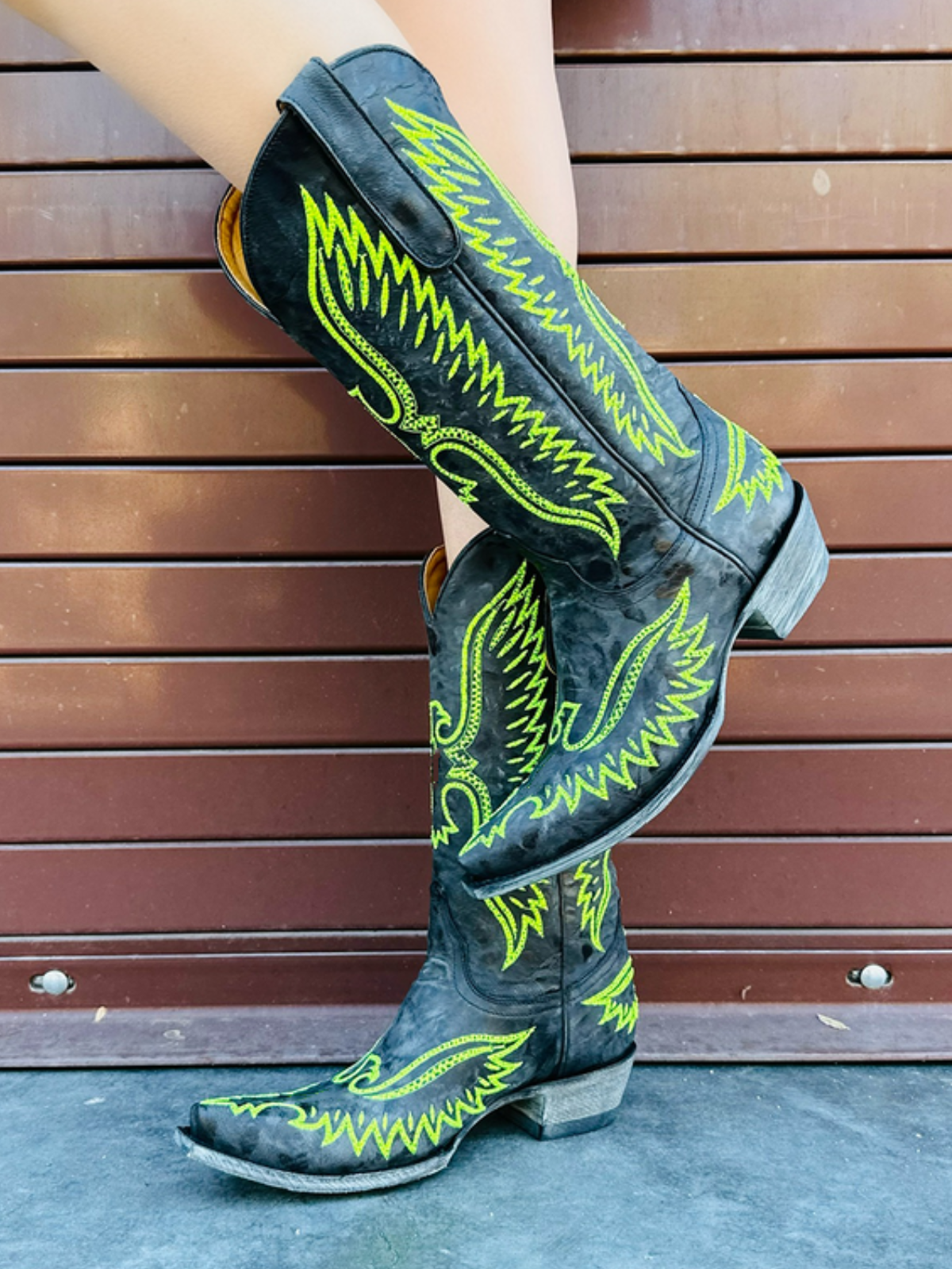 Distressed Black Snip-Toe Yellow Eagle Embroidery Wide Mid Calf Cowgirl Boots