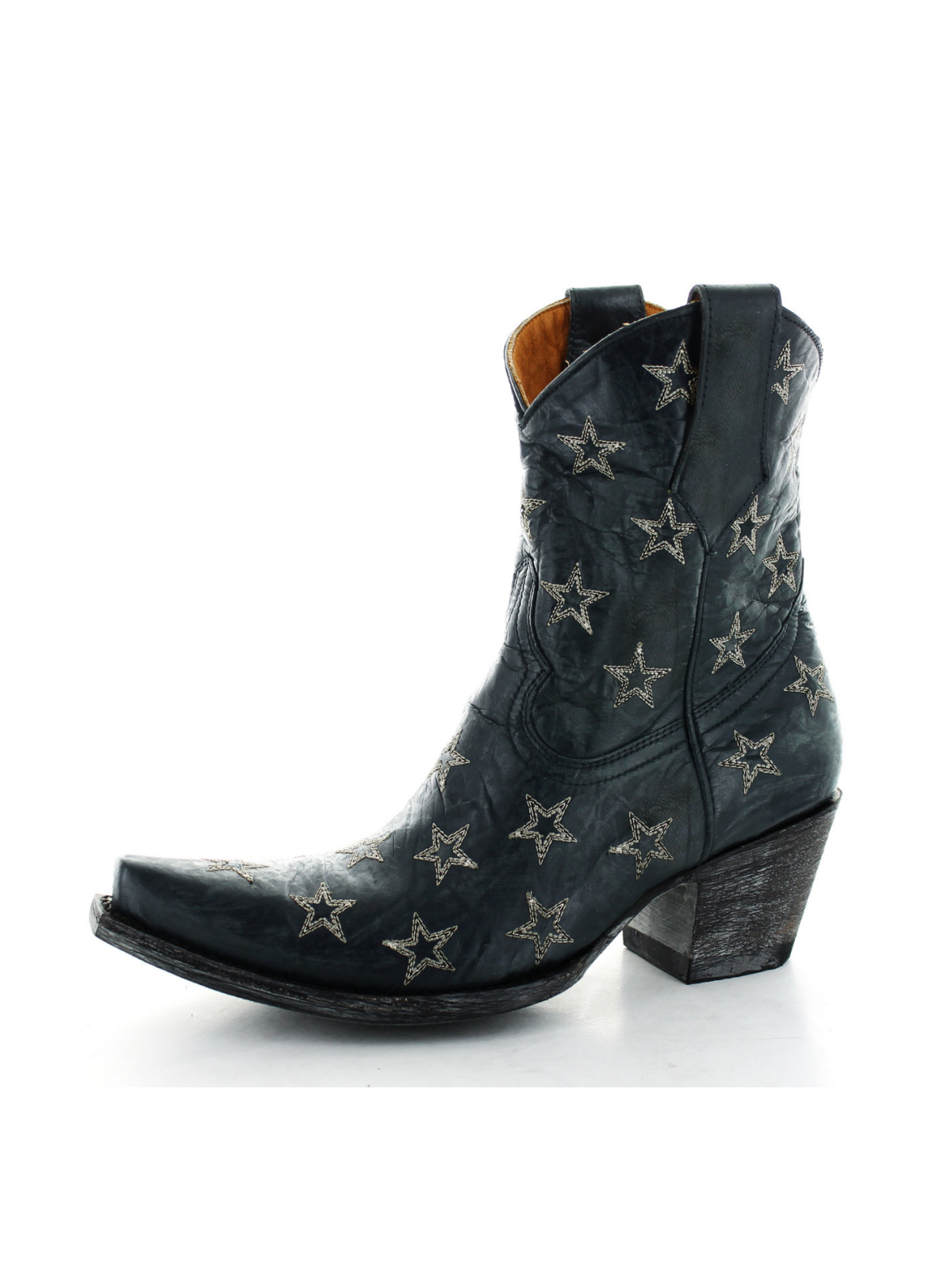 Navy Blue Snip-Toe Star Embroidery Ankle Cowgirl Boots
