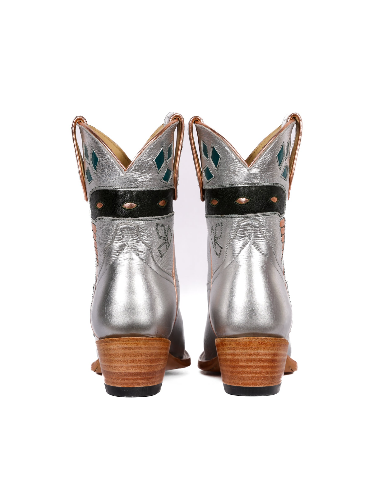 Metallic Silver Almond-Toe Snake Inlay Cowgirl Ankle Boots