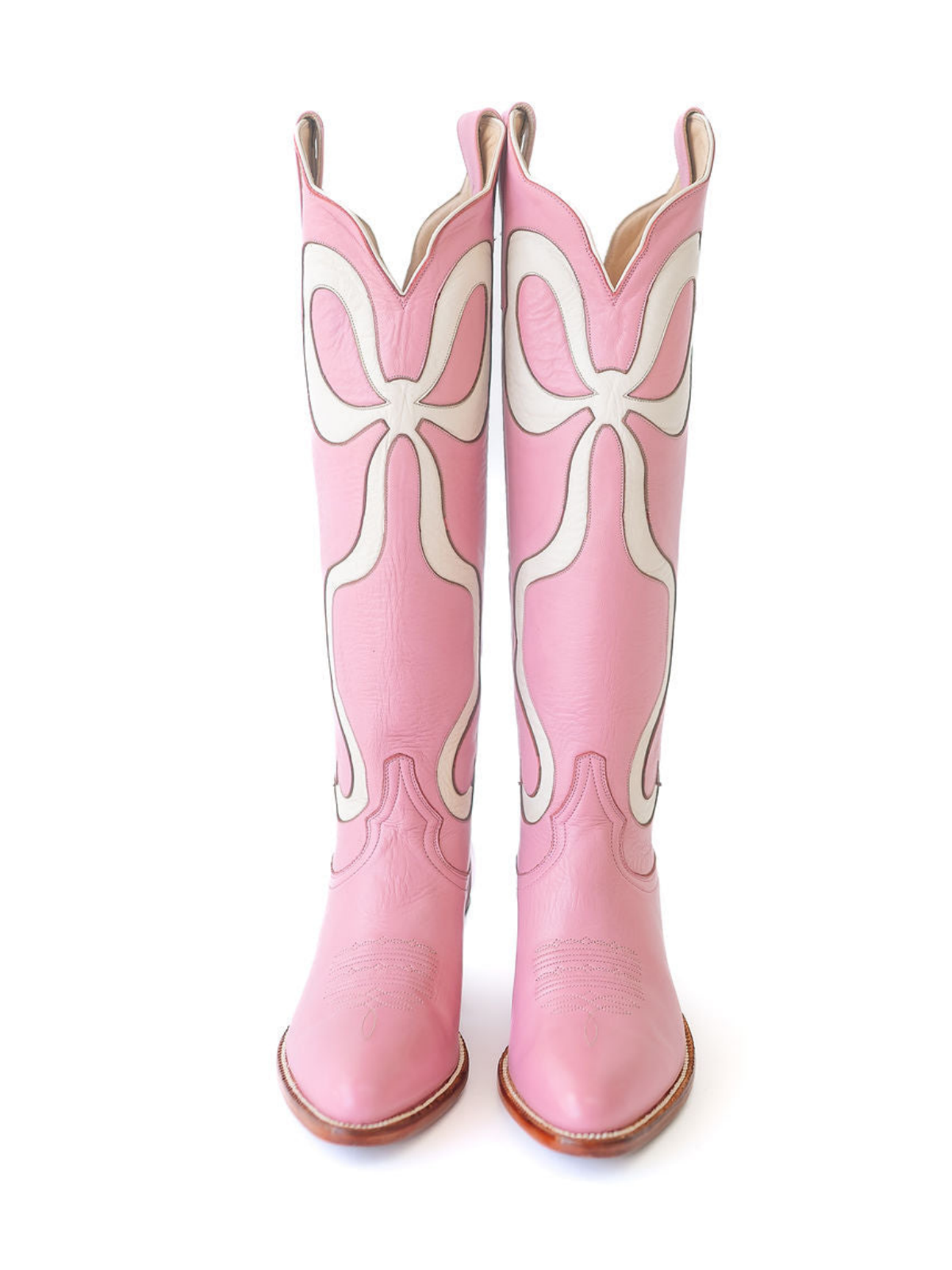 Pink Almond-Toe Wide Calf Western Boots Knee High Tall Boots With White Bowknot Inlay