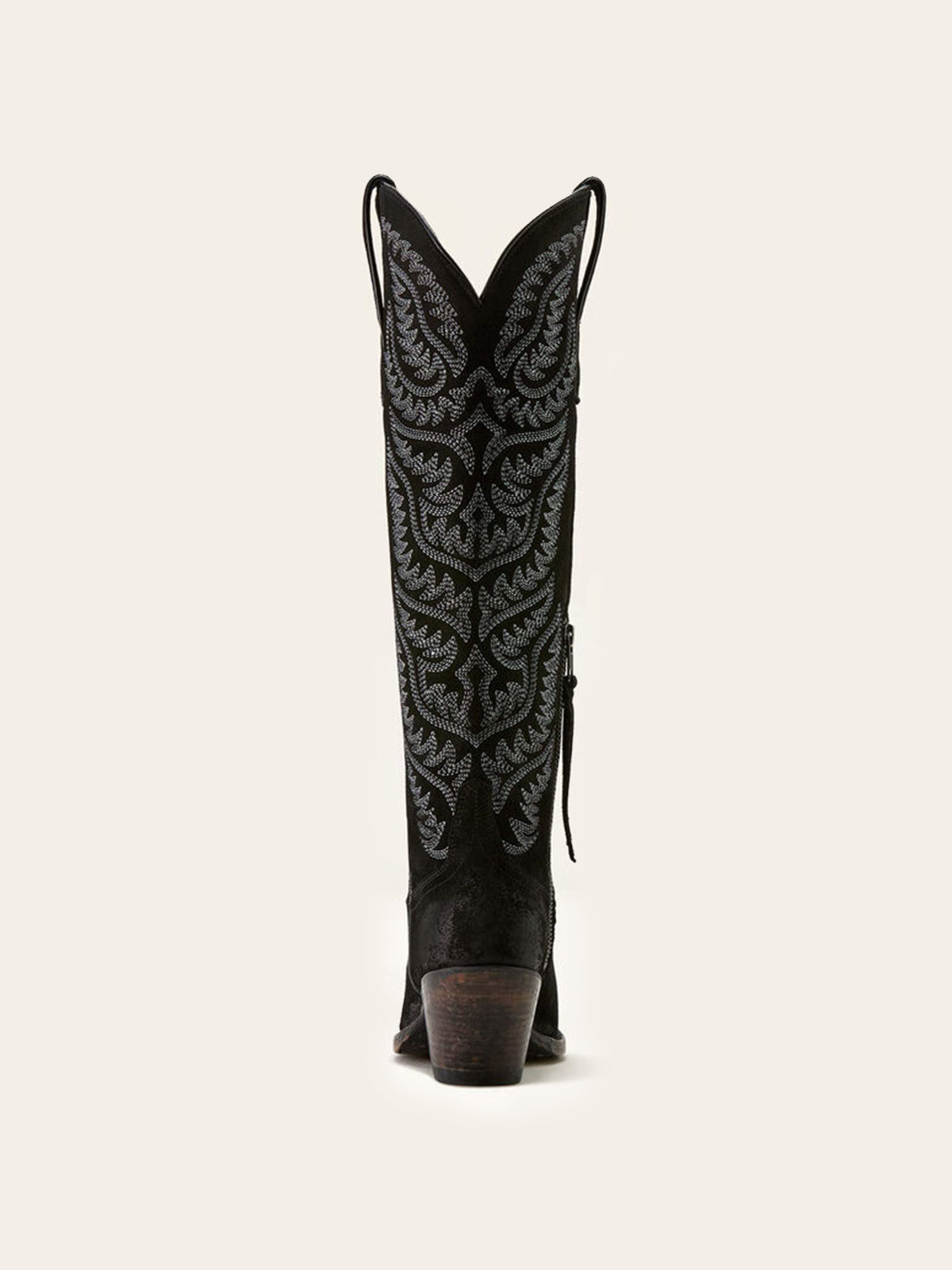 Embroidery Half-Zip Tall Knee High Faux Suede Snip-Toe Cowgirl Boots - Black