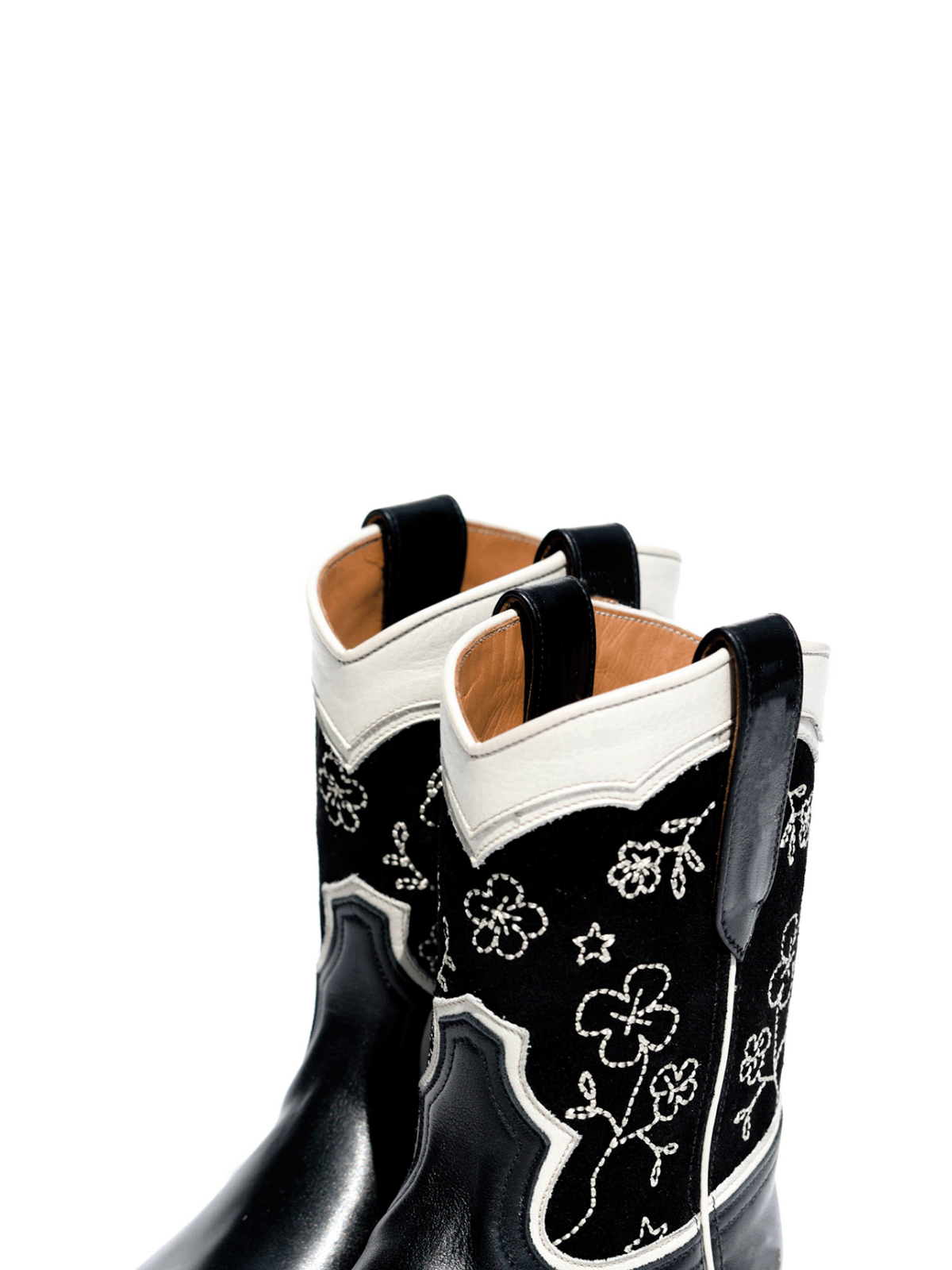 Black Snip-Toe Contrast Vegan Leather And Faux Suede Floral Embroidery Wide Mid Calf Cowgirl Boots