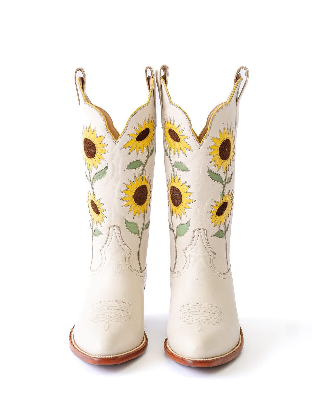 Ivory Faux Suede Sunflower Inlay Almond-Toe Mid Calf Cowgirl Boots