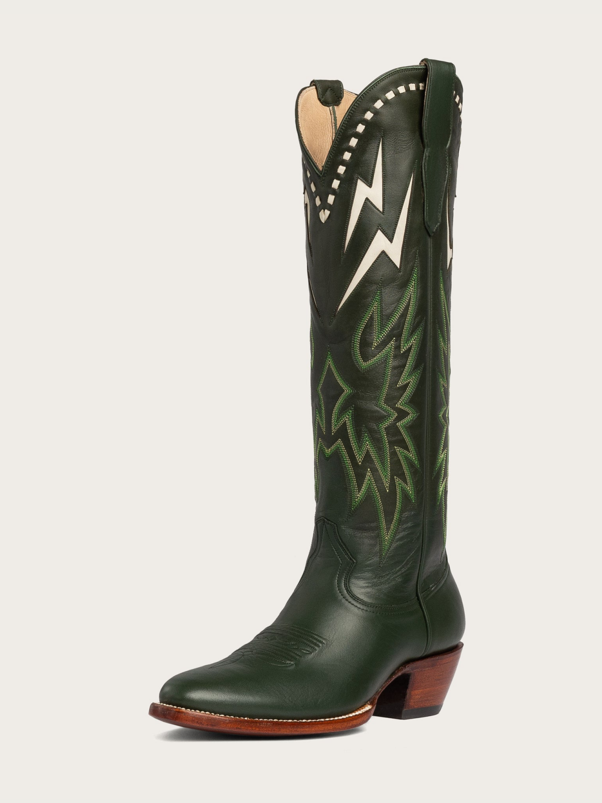 White Lightning Inlay Stitch Embroidery Almond-Toe Wide Calf Knee High Tall Cowgirl Boots - Dark Green