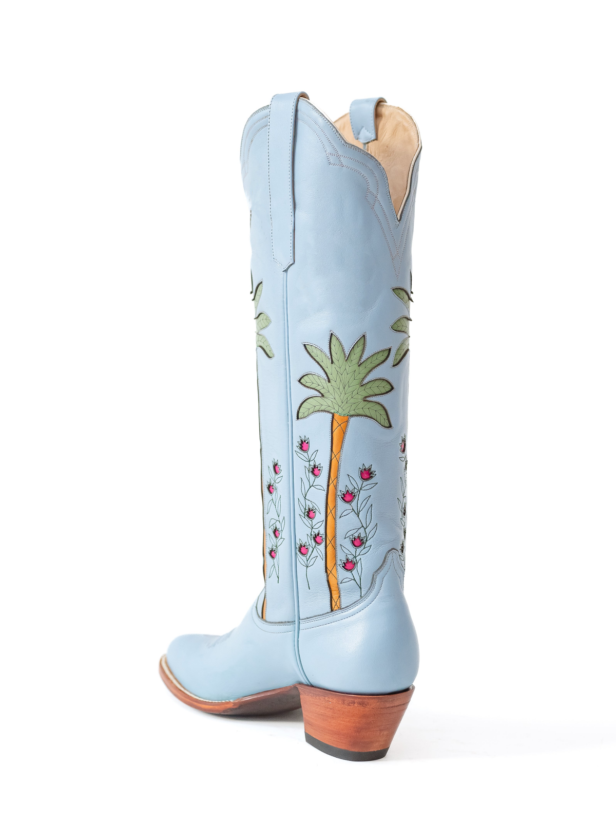 Powder Blue Almond-Toe Palm And Flowers Inlay Wide Calf Tall Knee High Cowgirl Boots