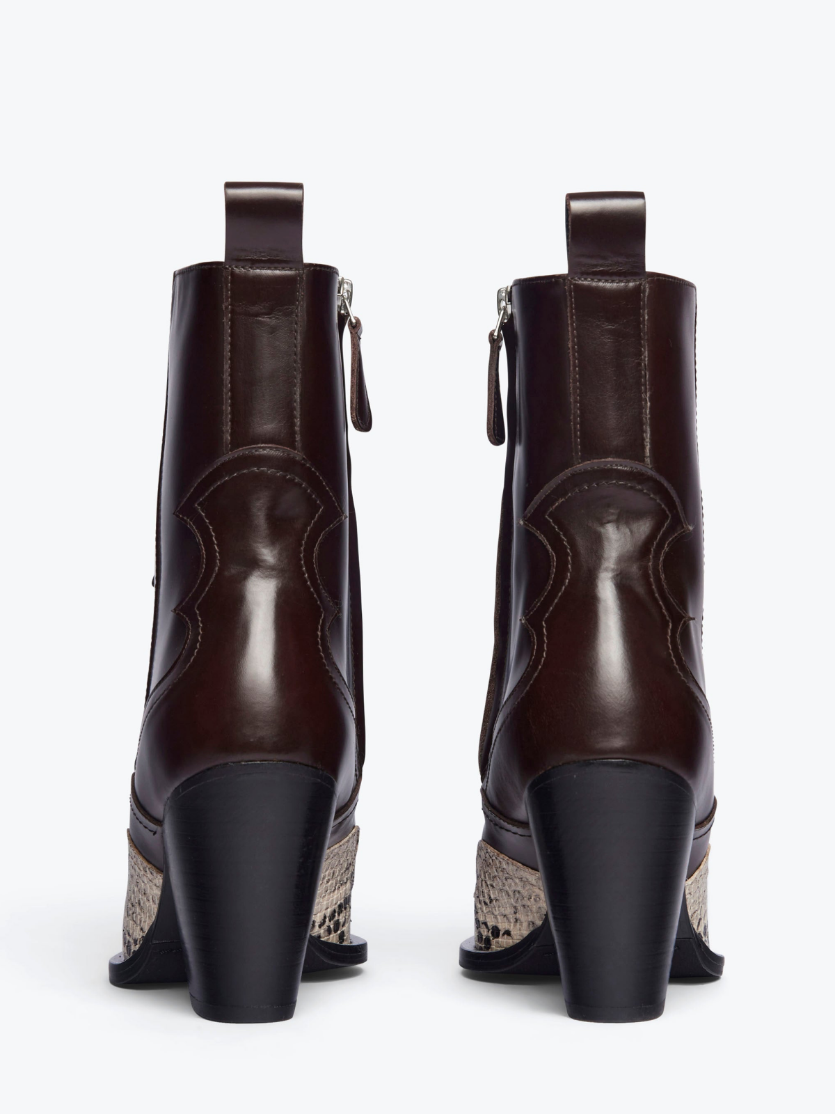 Brown Almond-Toe Snakeskin Vegan Leather Applique Ankle Full-Zip Cowgirl Boots