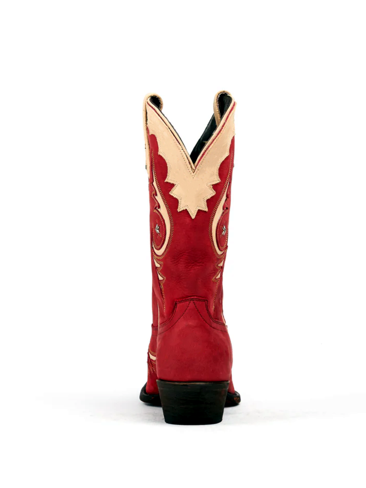 Red Snip-Toe Beige Inlay Metal Star Applique Mid Calf Cowgirl Boots