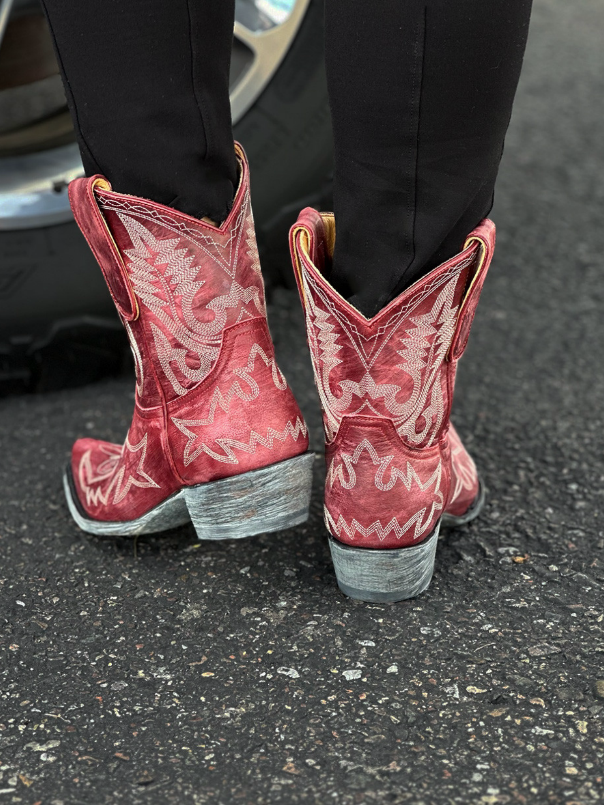 Metallic Snip-Toe Embroidery Cowgirl Booties - Red