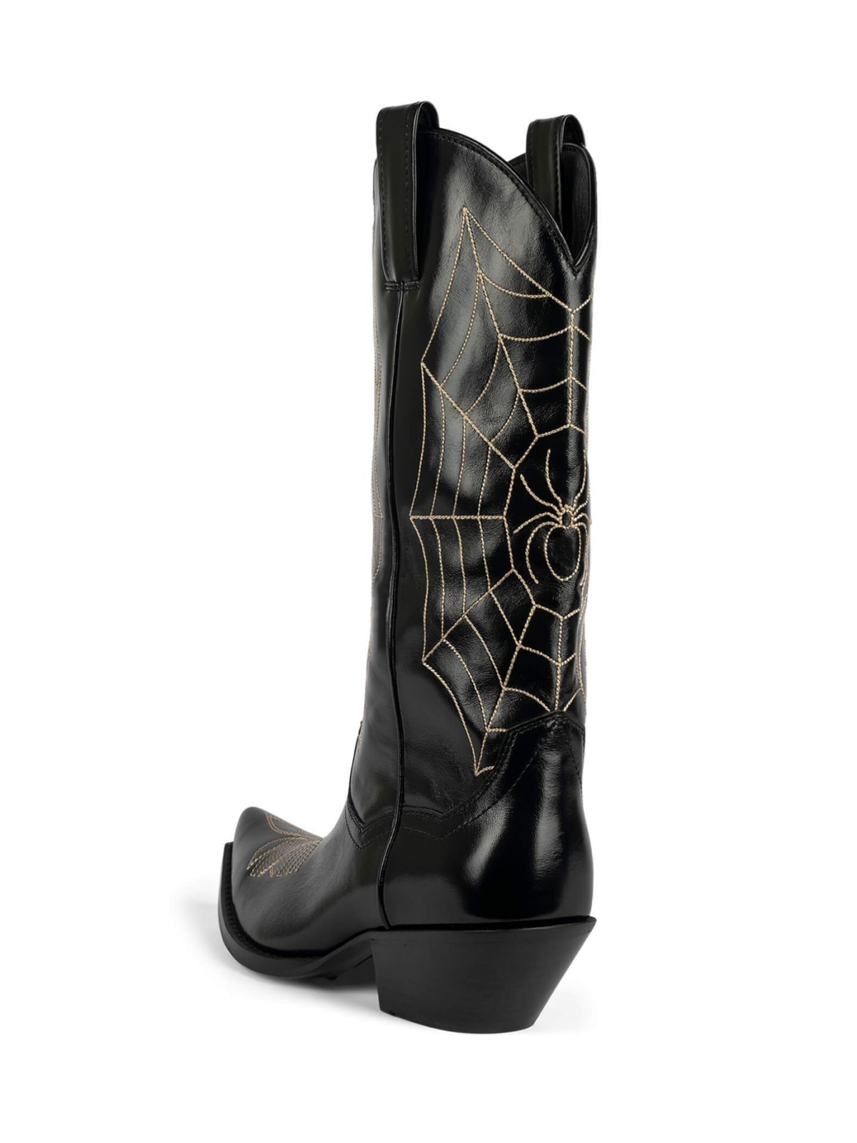Black Snip-Toe Spider Web Embroidery Mid Calf Cowgirl Boots