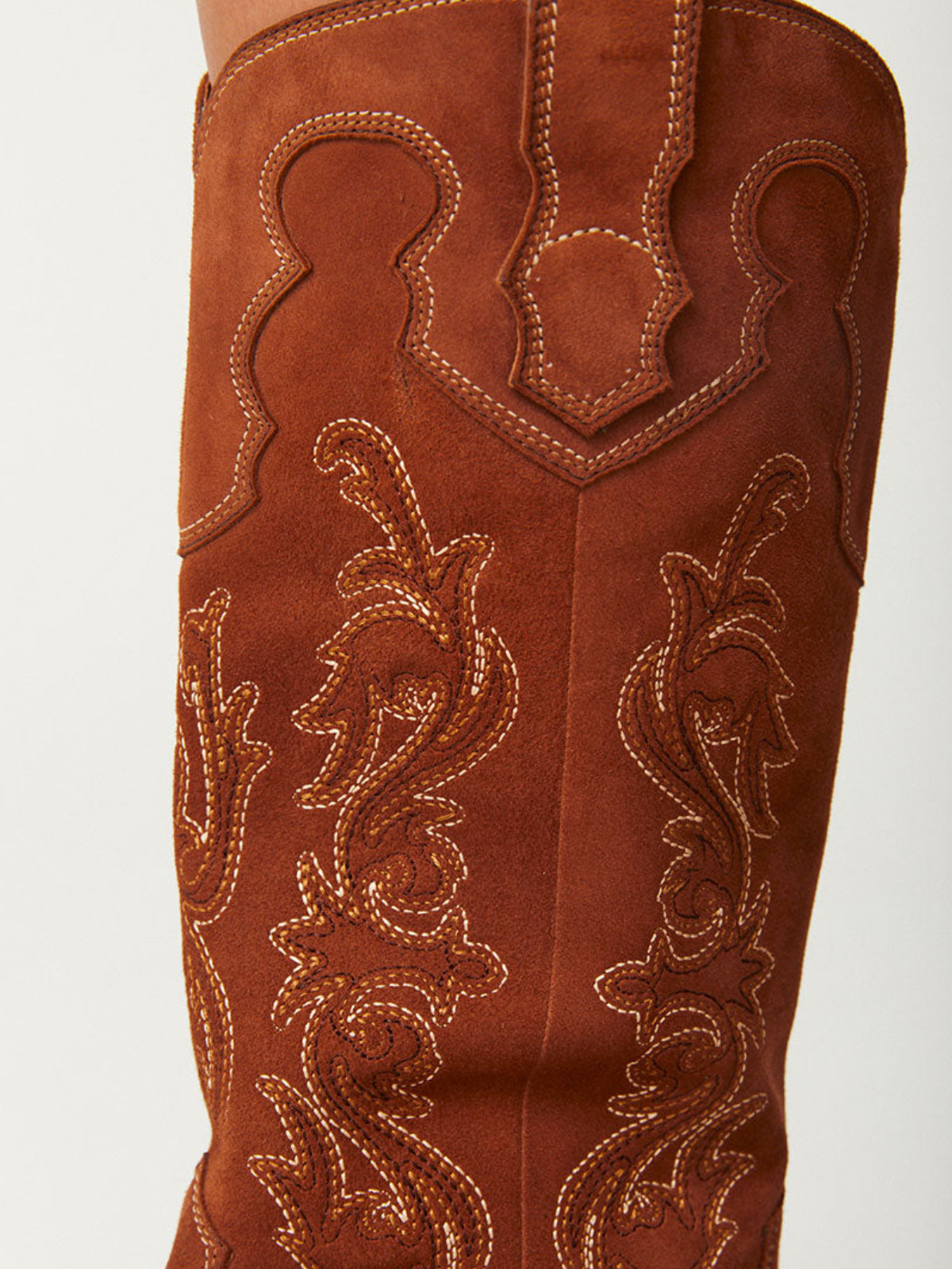 Warm Brown Faux Suede Almond-Toe Embroidery Mid Calf Cowgirl Boots