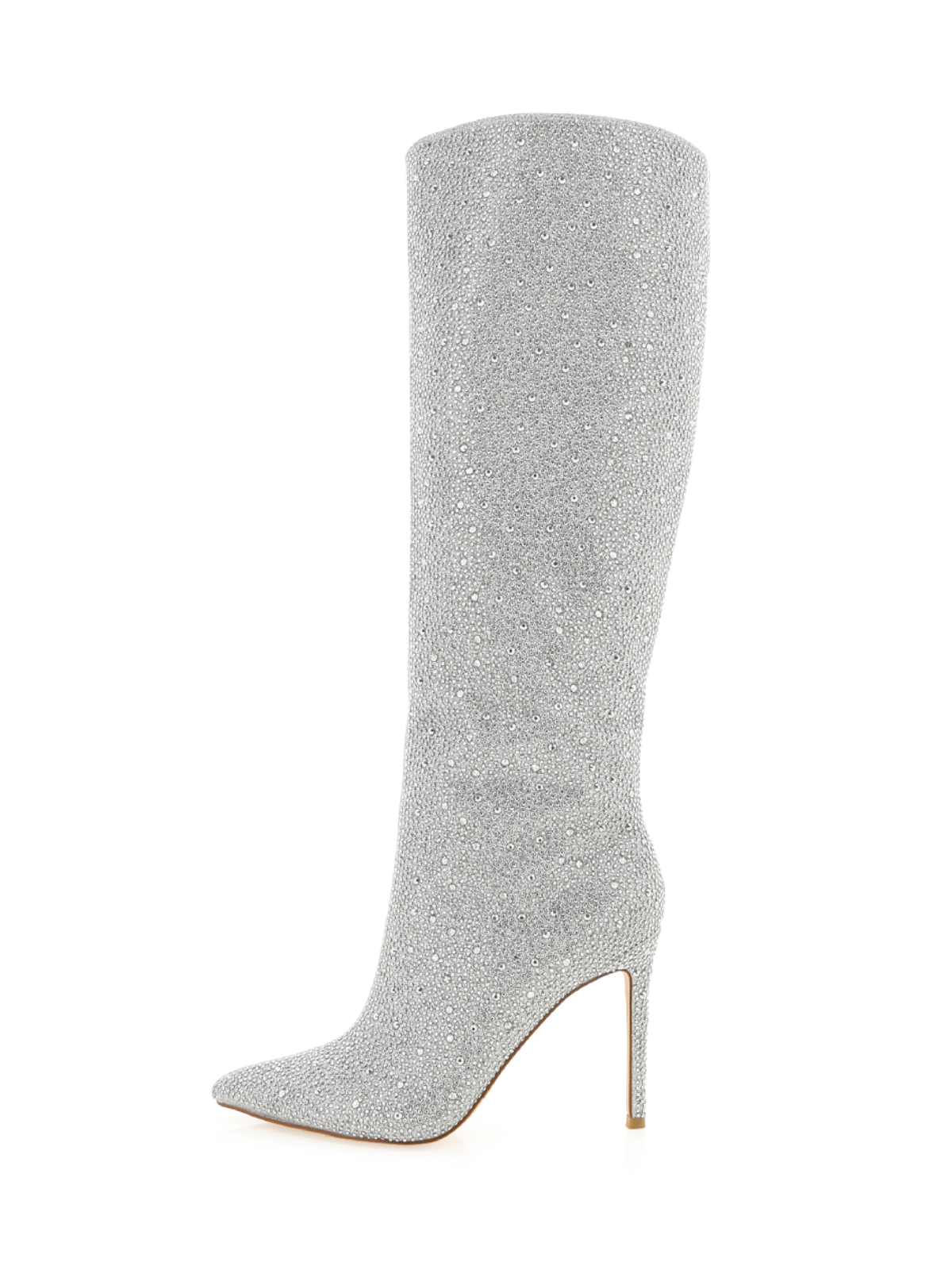 Metallic Silver Pointed-Toe Rhinestone Wide Knee High Stiletto Boots