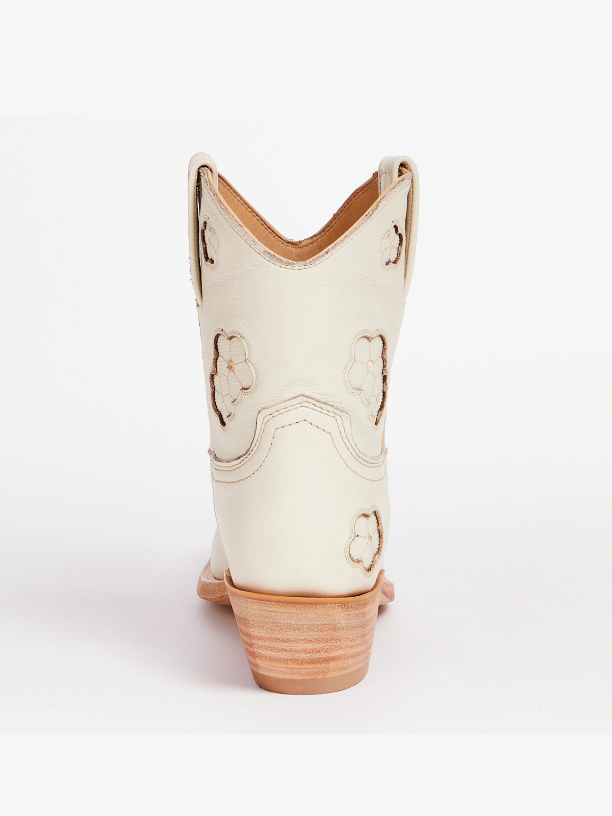 Cream Vegan Leather Snip-Toe Cowgirl Ankle Booties With Flower Inlay