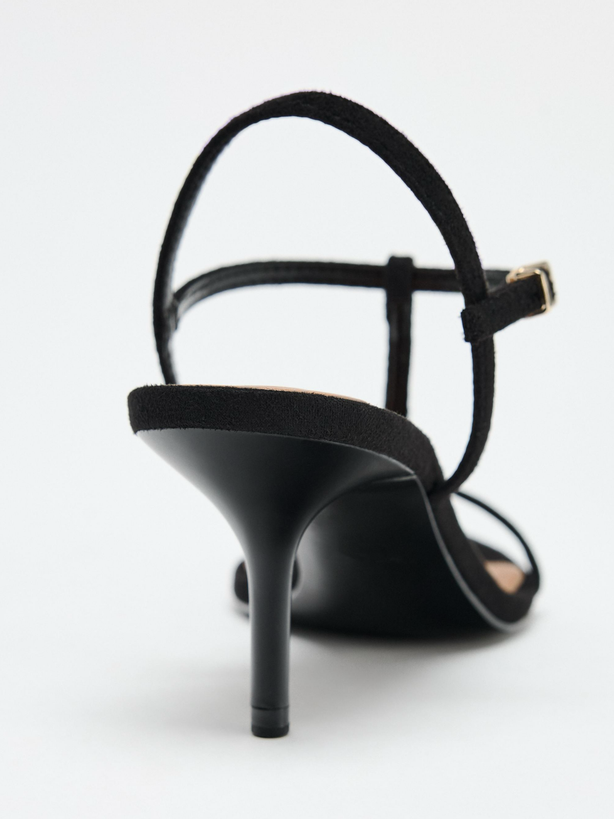 Black Faux Suede Round-Toe Front And Ankle Strap Kitten Heel Sandals