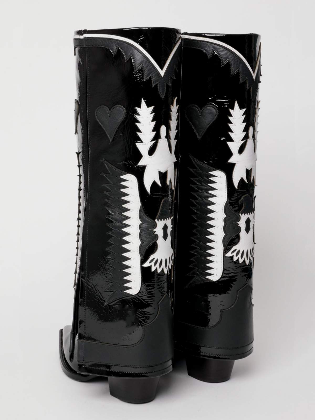 Fold-Over Panel Eagle And Heart Applique Snip-Toe Wide Mid Calf Boots - Patent Black