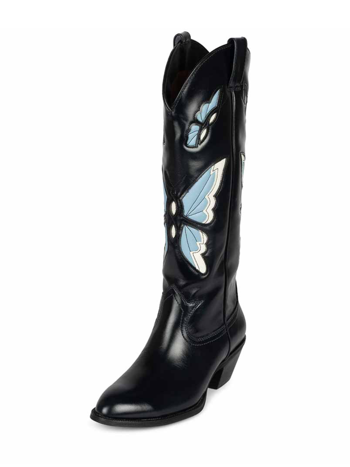 Black Round-Toe Butterfly Inlay Wide Mid Calf Cowgirl Boots