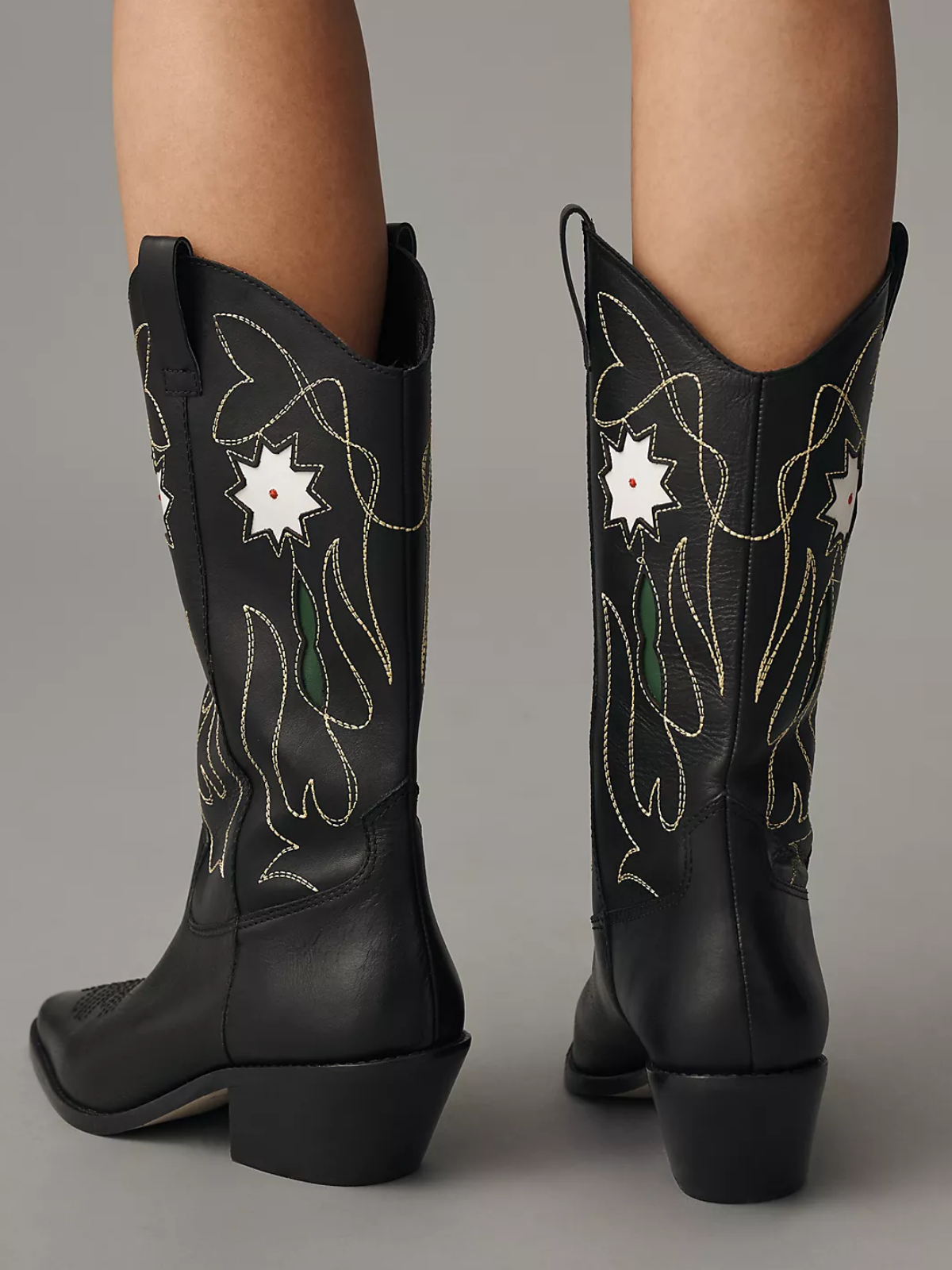 Black Snip-Toe Embroidery Floral Inlay Mid Calf Cowgirl Boots