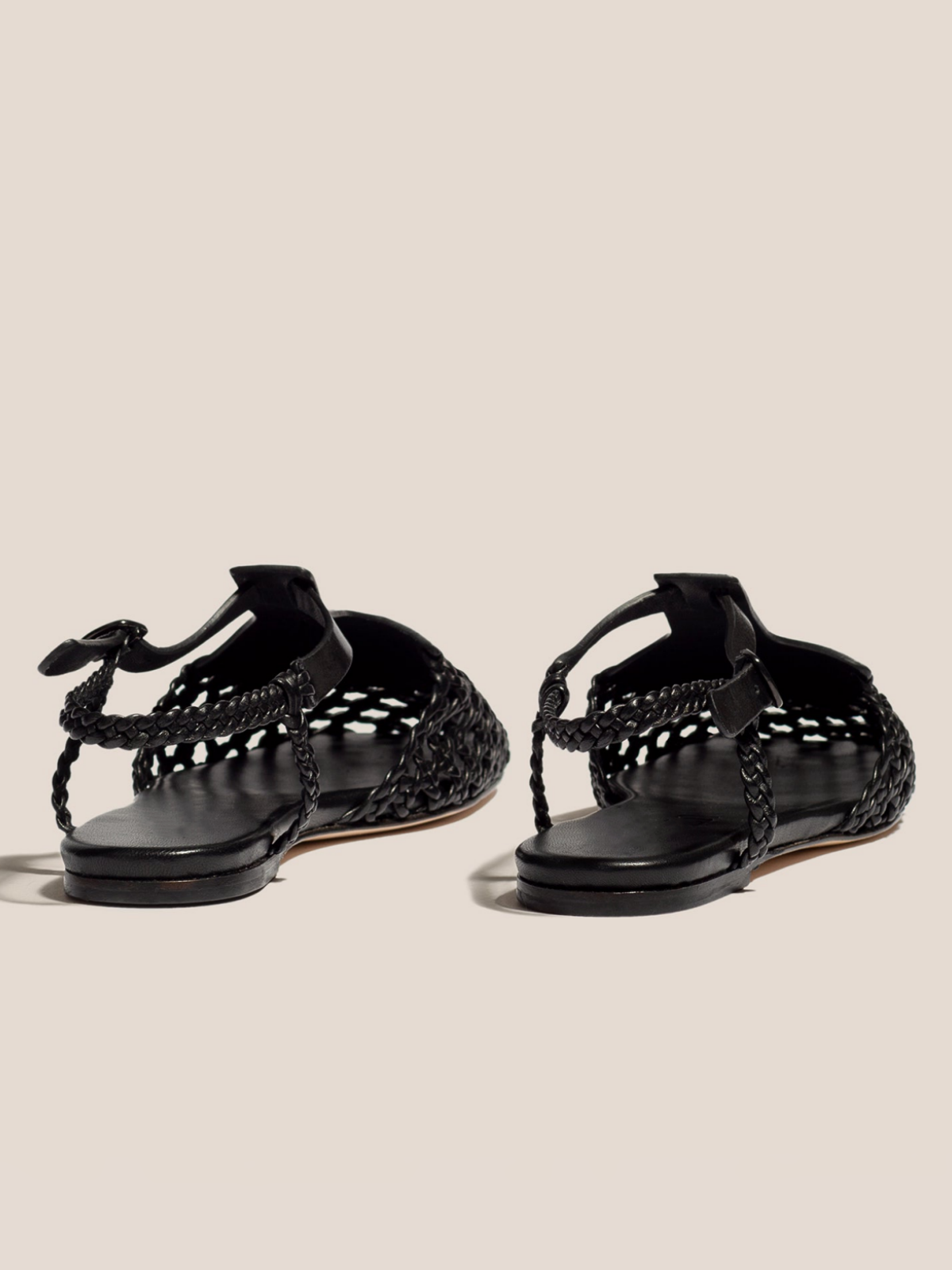 Black Woven Hollow-Out Patchwork Square-Toe Flats T-Bar Sandals