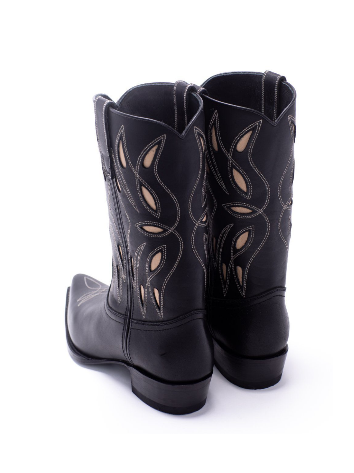 Black Snip-Toe Faux Suede Inlay Embroidery Wide Mid Calf Cowgirl Boots