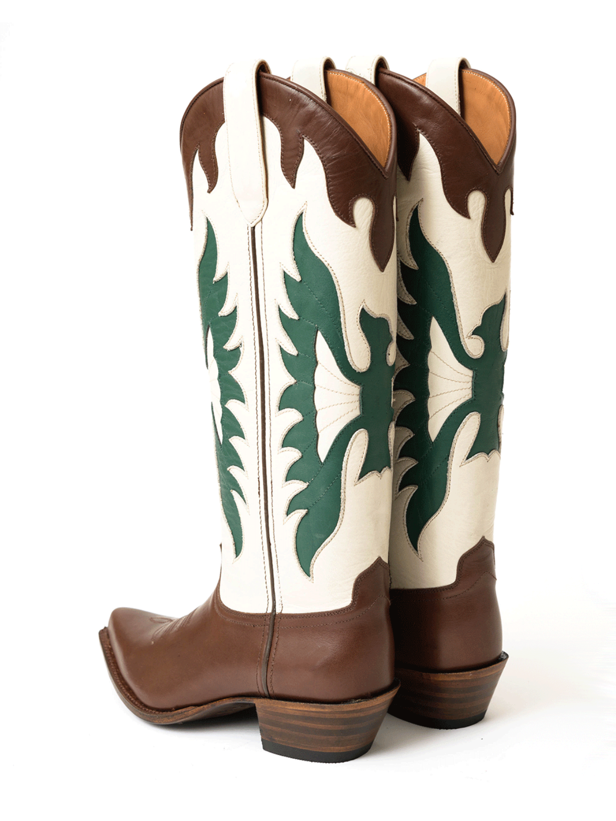 Contrast Brown And Ivory Snip-Toe Eagle Inlay Wide Calf Knee High Tall Cowgirl Boots