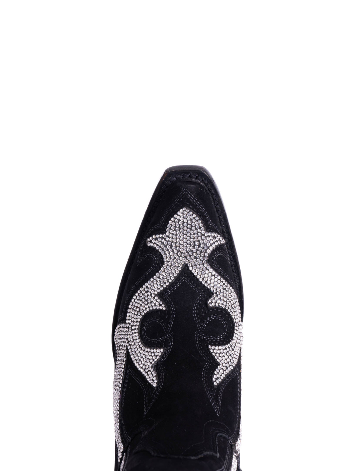 Rhinestone Faux Suede Embroidery Snip-Toe Half-Zip Knee High Tall Cowgirl Boots - Black