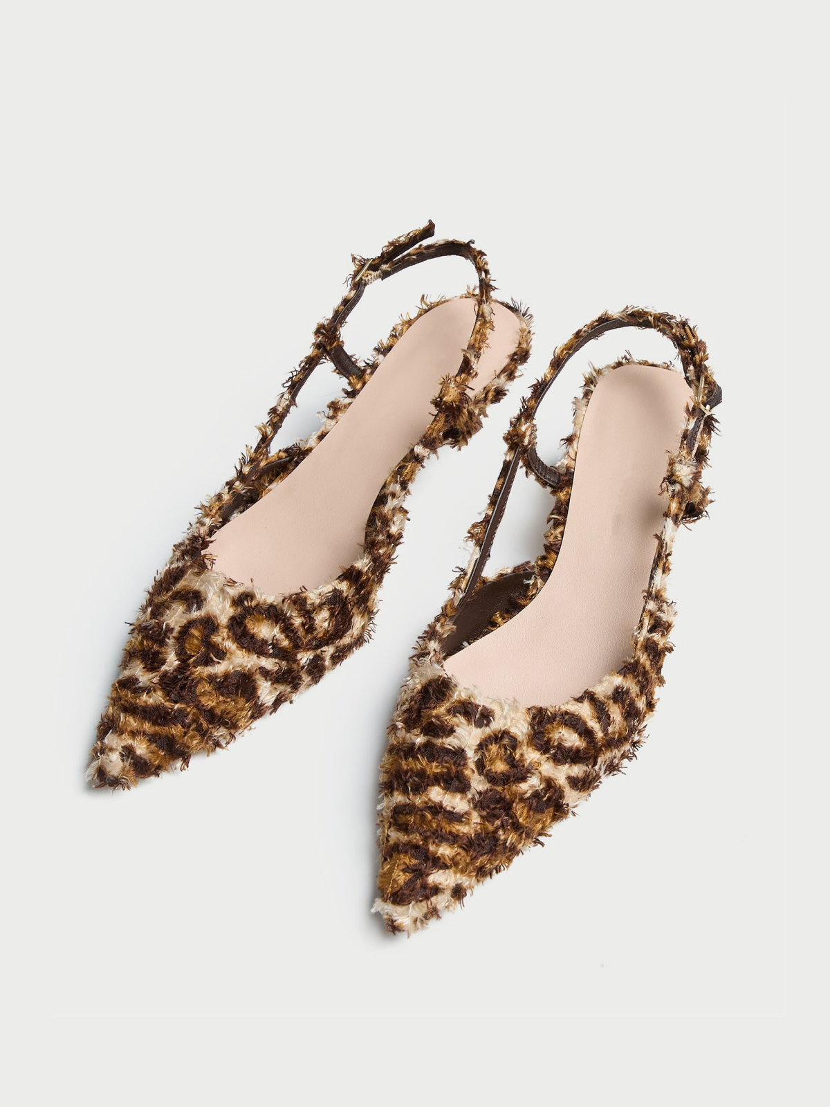 Leopard Plush Fabric Pointed-Toe Slingback Kitten Heels