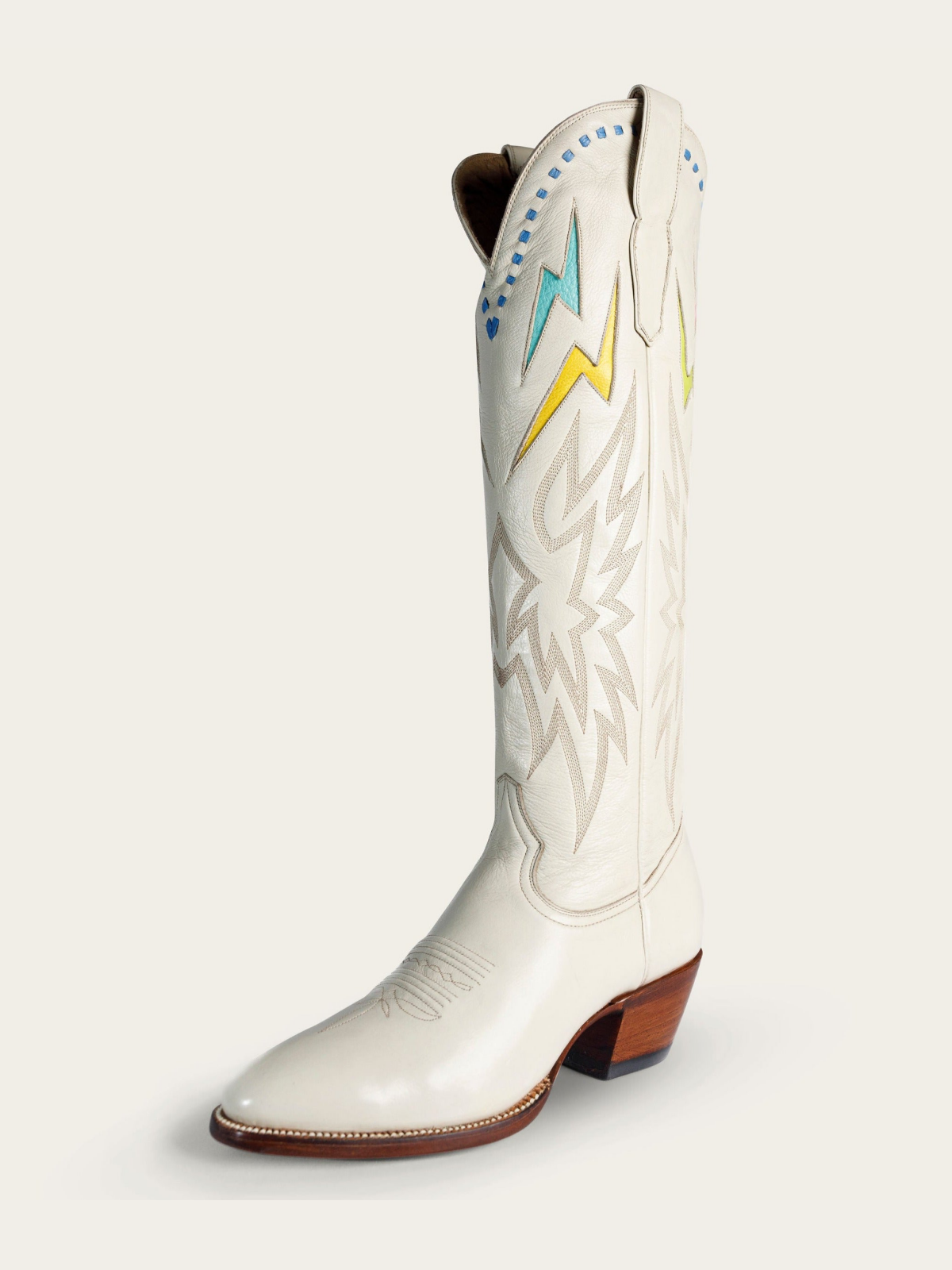 Rainbow Lightning Inlay Stitch Embroidery Almond-Toe Wide Calf Knee High Cowgirl Boots - Ivory