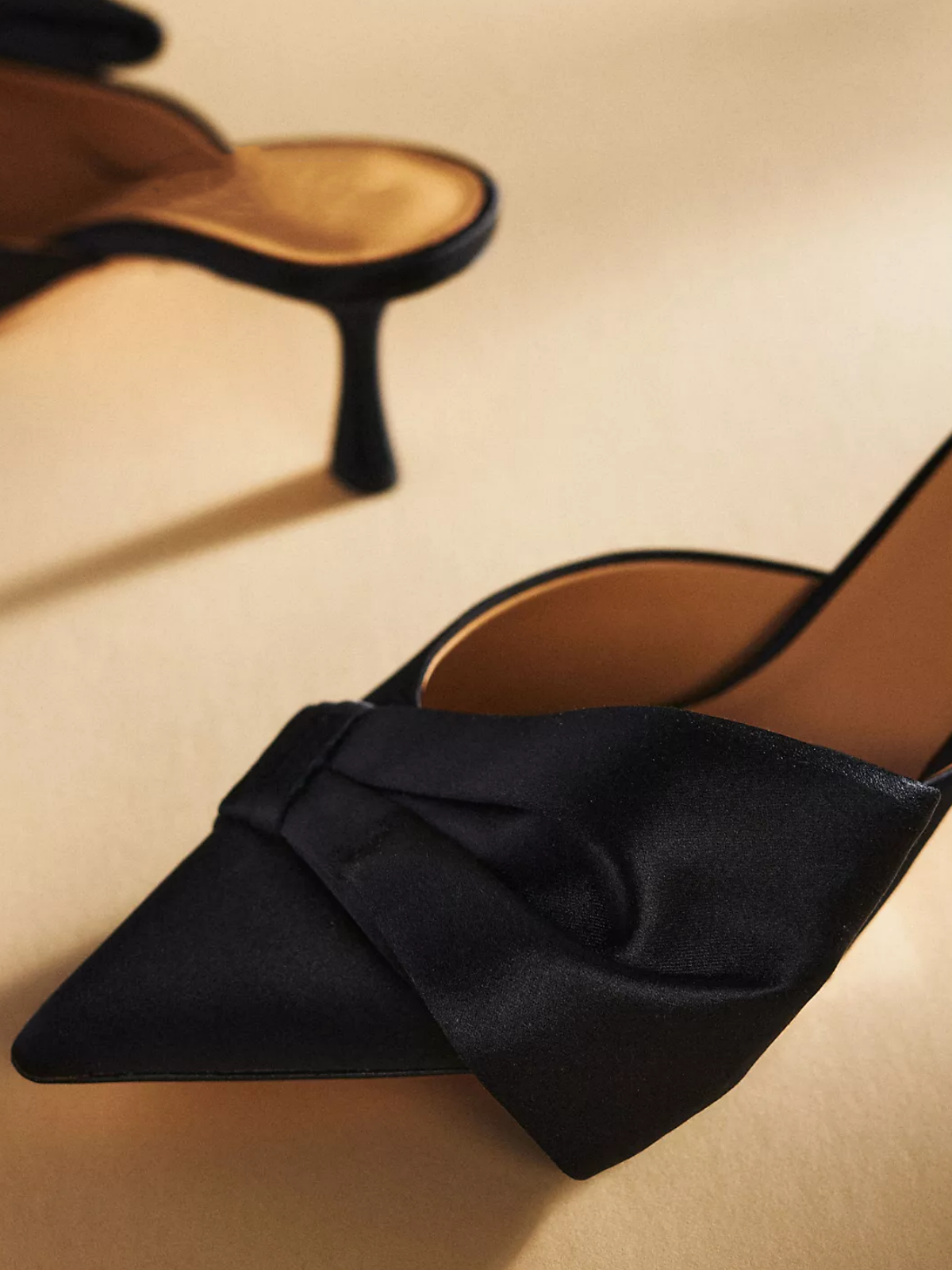 Black Satin Pointed-Toe Pump Kitten Heels