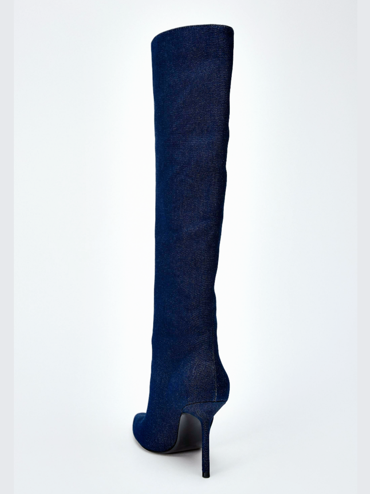 Blue Denim Pointed-Toe Wide Calf Stiletto Knee High Boots