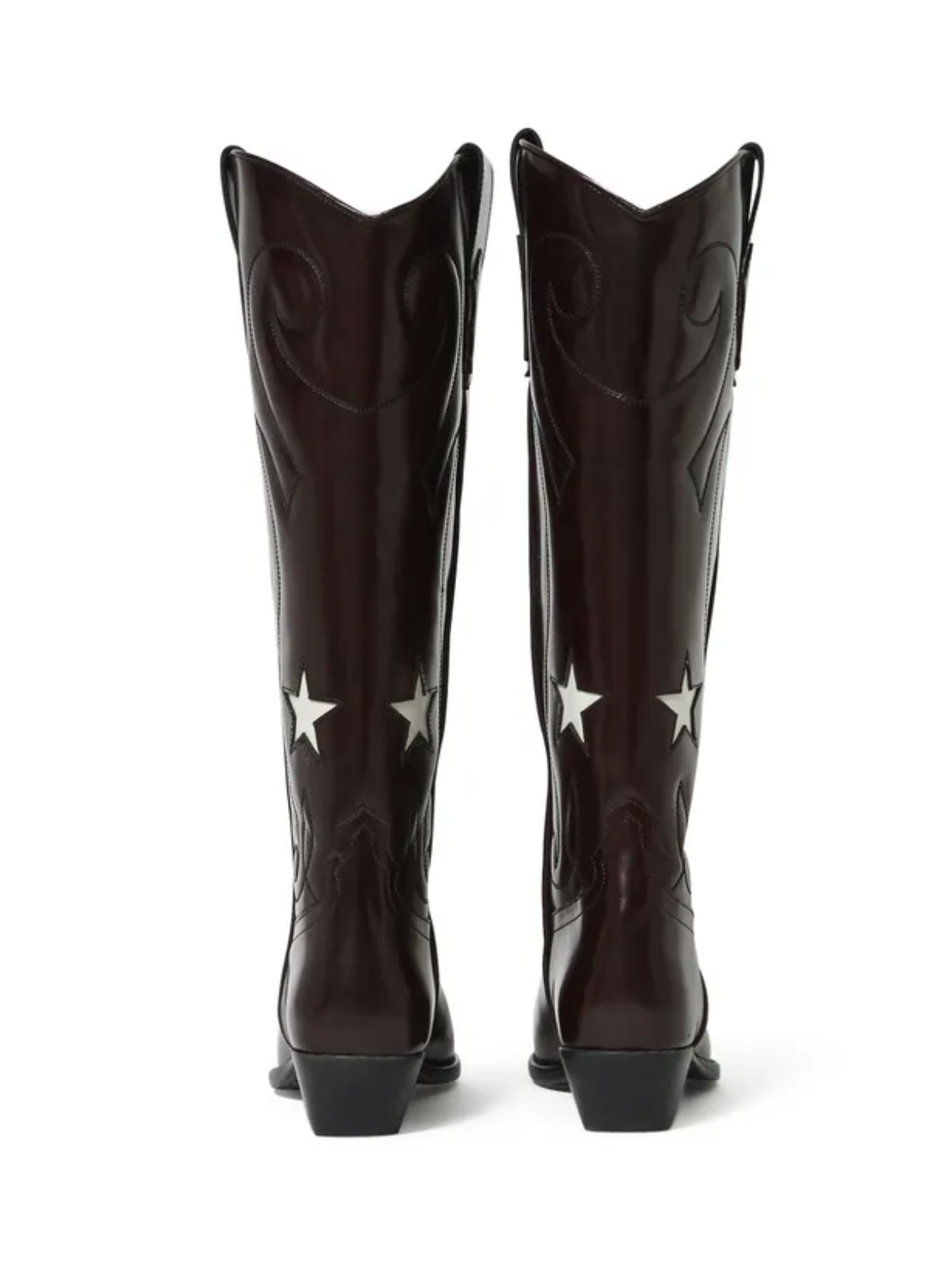 Burgundy Red Almond-Toe Star Inlay Embroidery Wide Calf Tall Knee High Cowgirl Boots