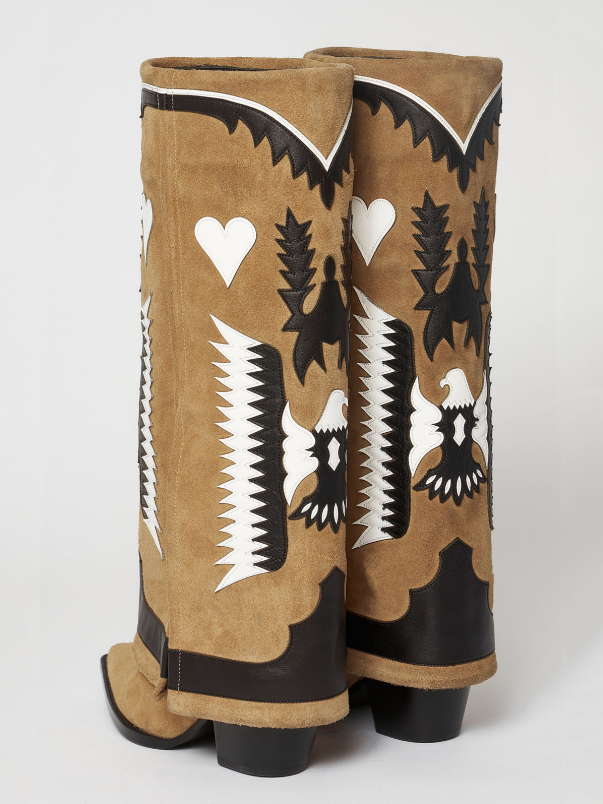 Fold-Over Panel Eagle And Heart Applique Knee High Boots - Camel