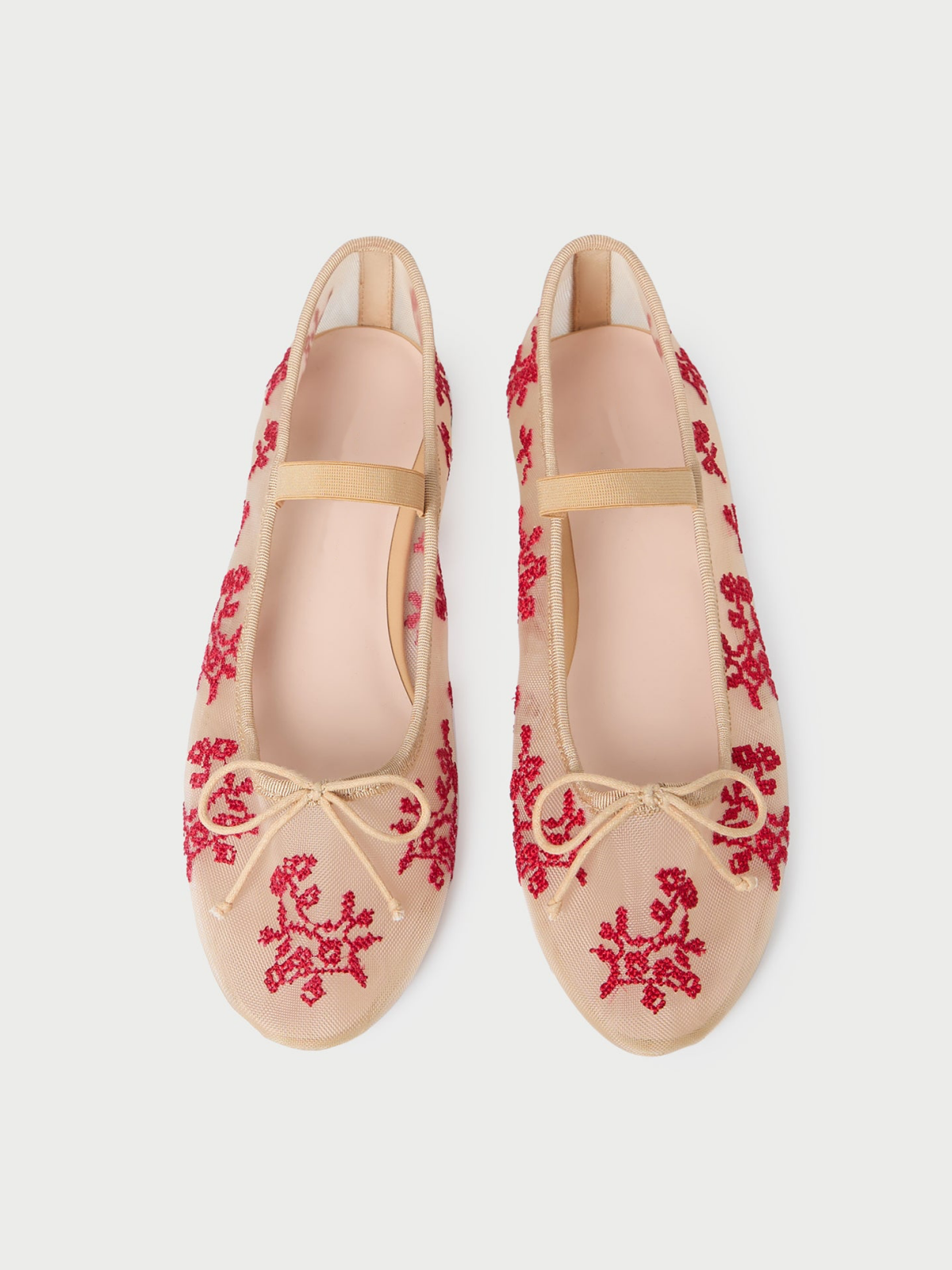 Tan Mesh Almond-Toe Embroidery Ballet Flats With Bridge Strap