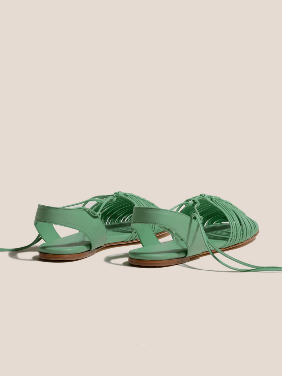 Green Knotted Strappy Square-Toe Flats Self-Tie Sandals