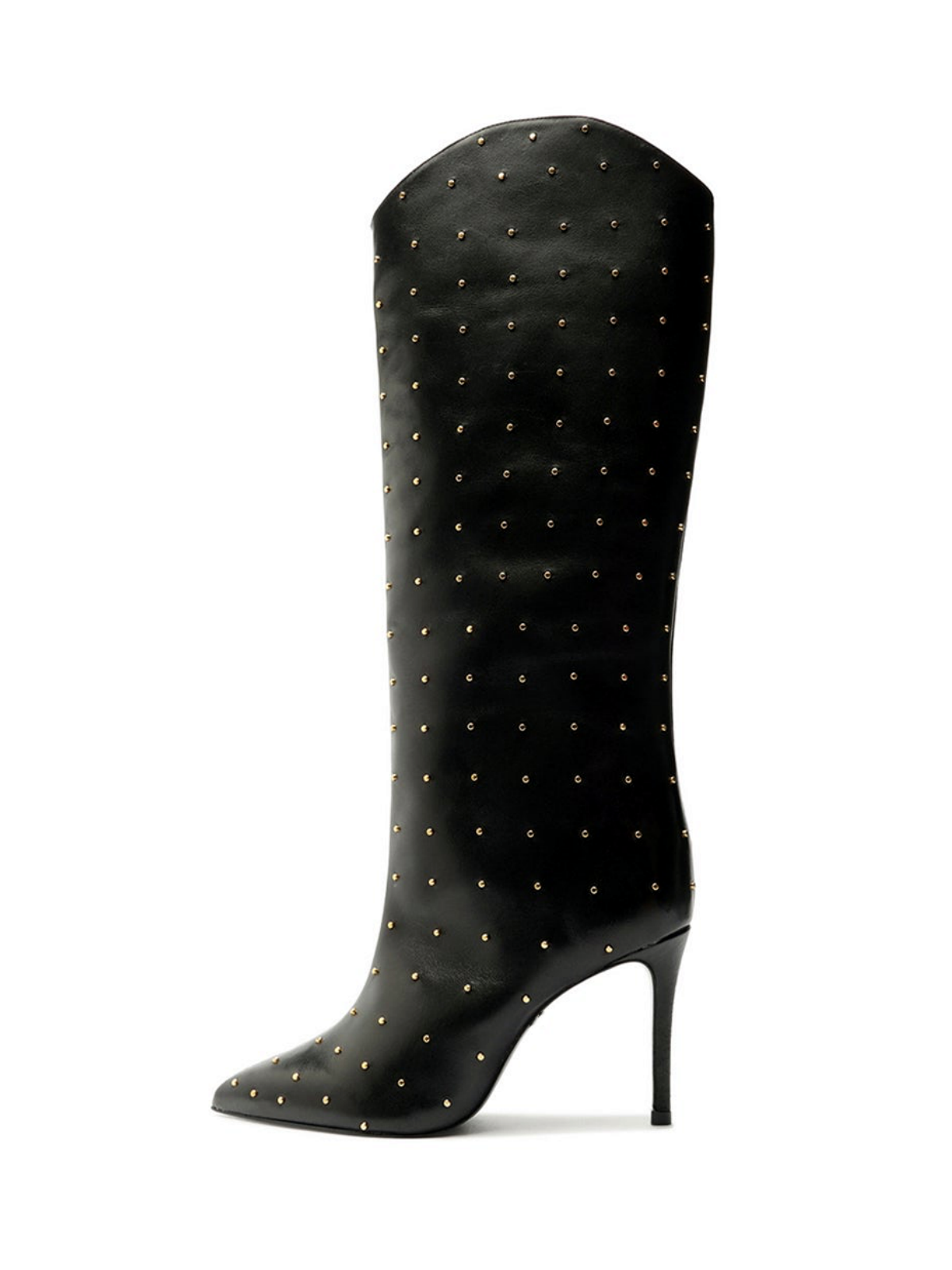 Black Pointed-Toe Wide Mid Calf Stiletto Boots With Studs, Black / 8.5