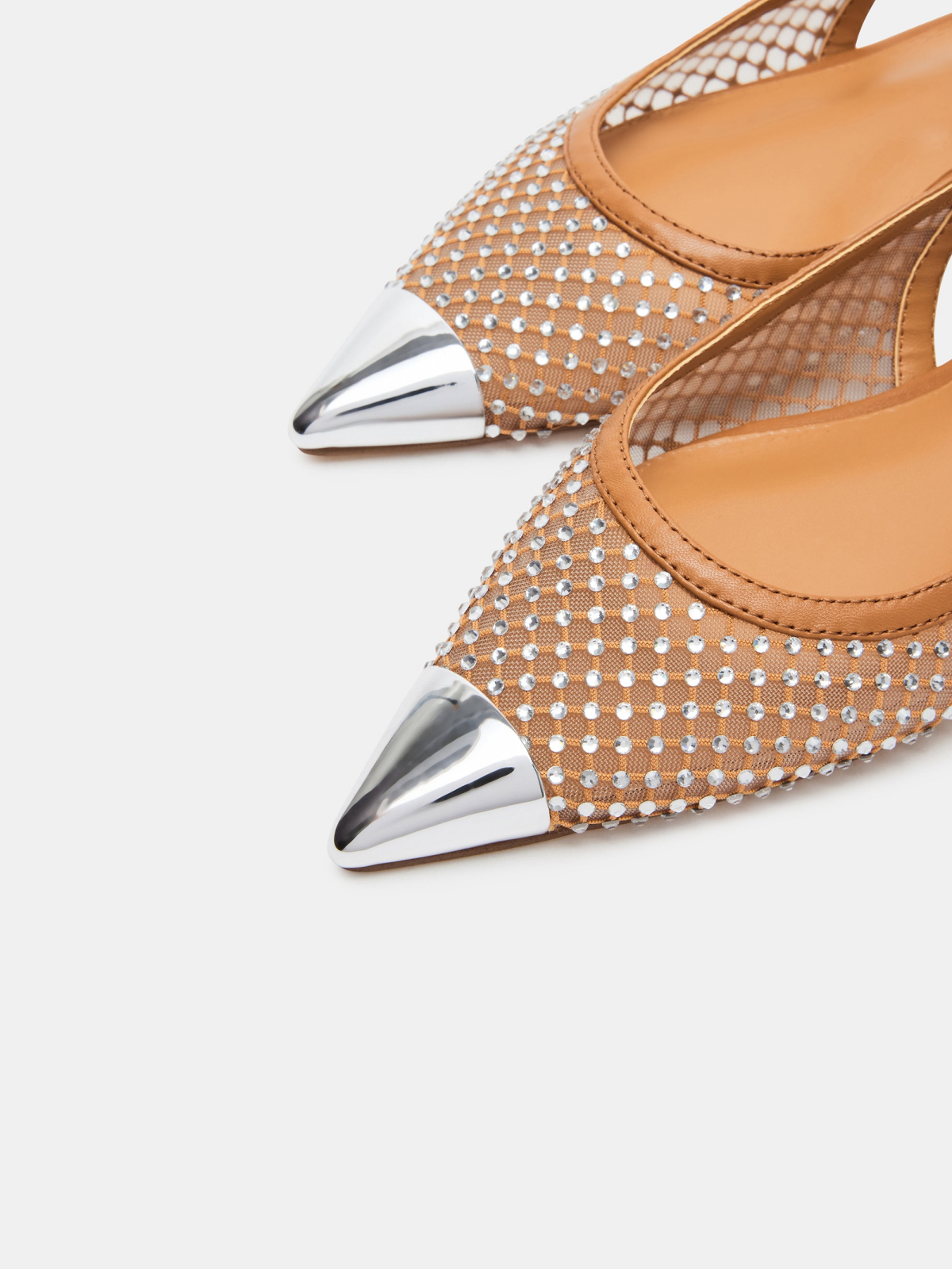 Tan Fishnet Rhinestone Pointy Slingback Flats With Silver Toe Cap