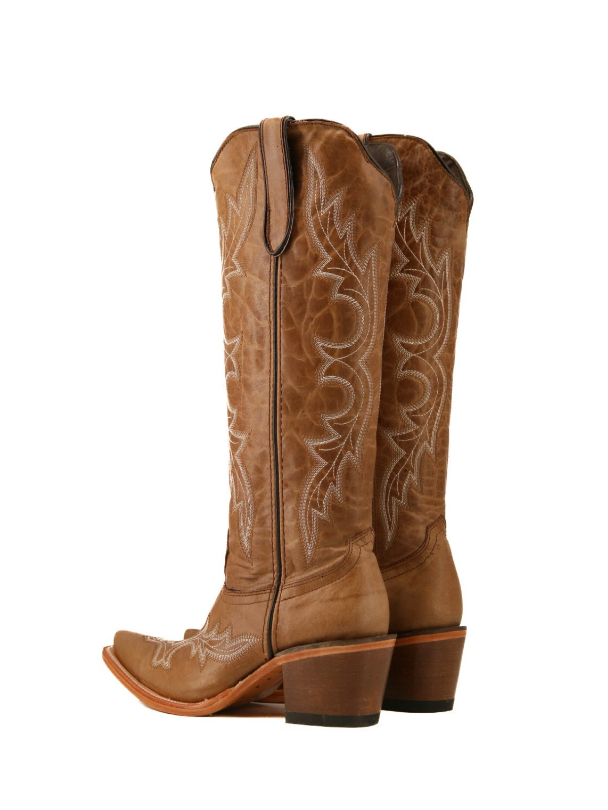 Distressed Dark Tan Snip-Toe Half-Zip Classic Embroidery Knee High Tall Cowgirl Boots
