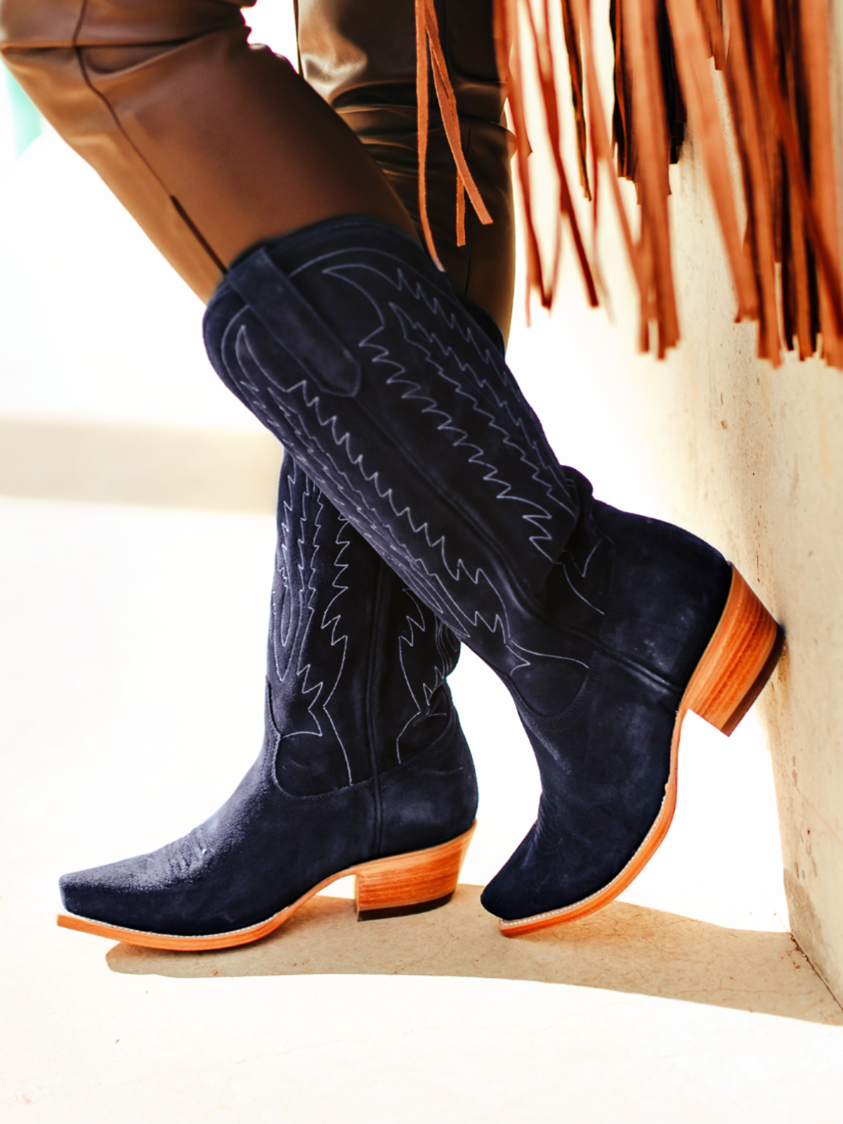 Navy Blue Faux Suede Embroidery Wide Calf Western Cowgirl Tall Boots Fuchsia Boots