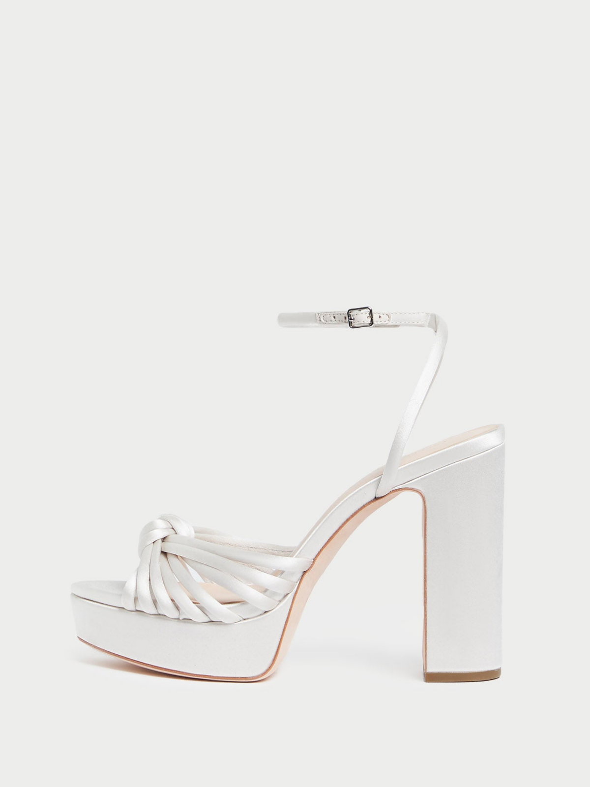 Cream Satin Round-Toe Ankle Strap Platform Sandals With Pieced Mignon Strap