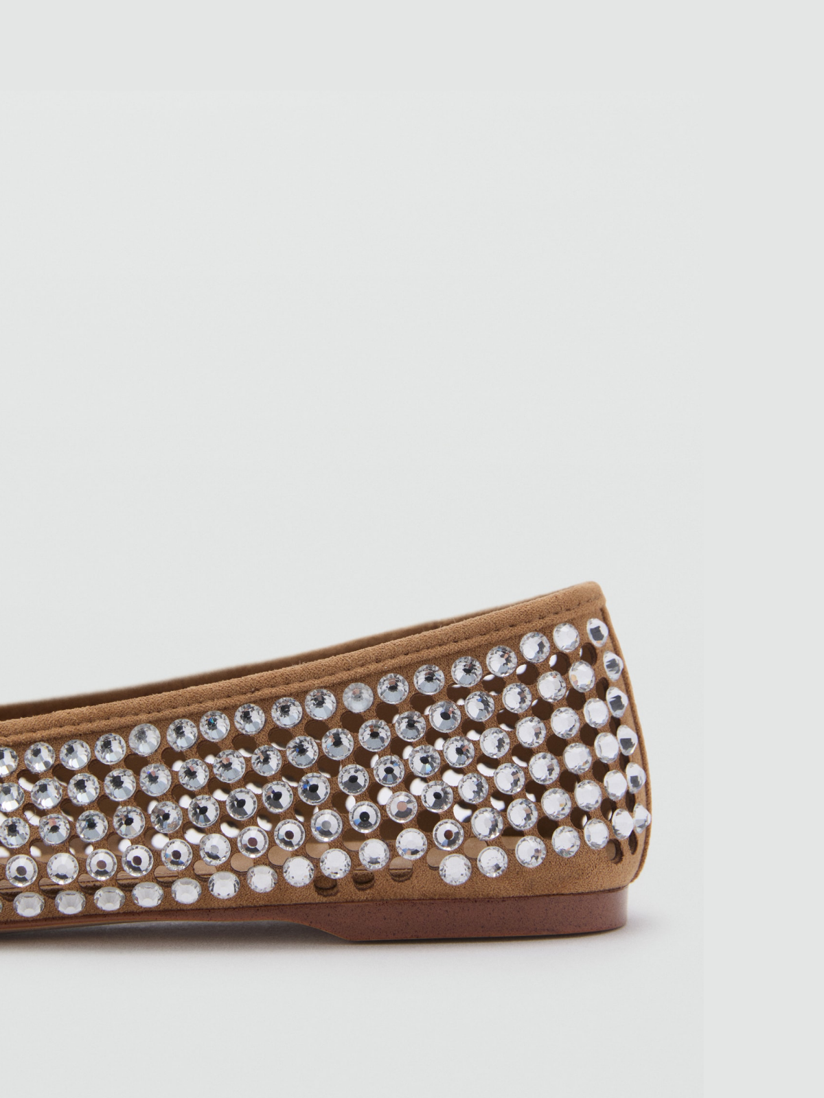 Beige Faux Suede Round-Toe Die-Cut Rhinestone Ballet Flats