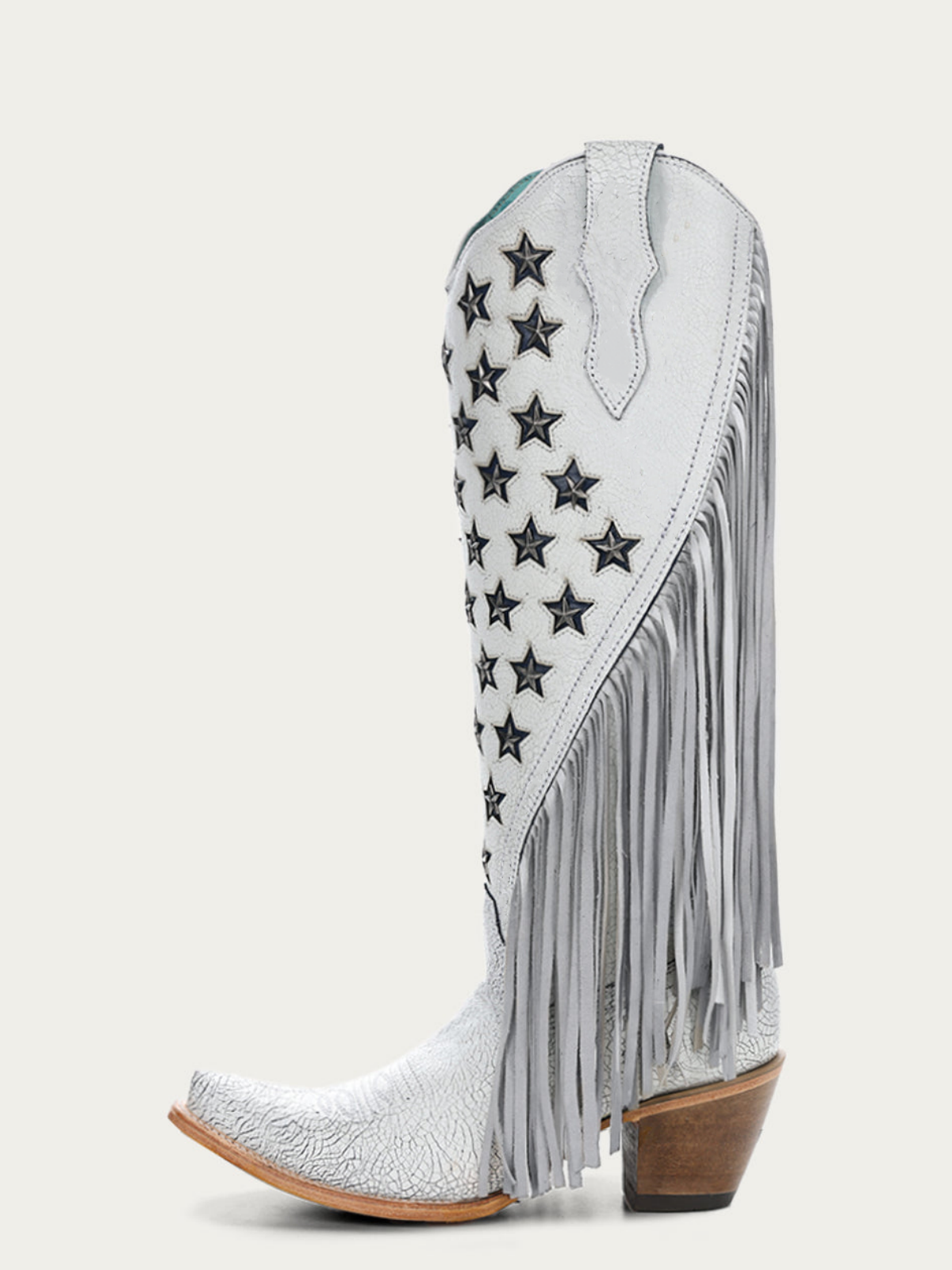White Crinkle Star Studs Blue Inlay Fringe Snip-Toe Wide Calf Knee High Tall Cowgirl Boots