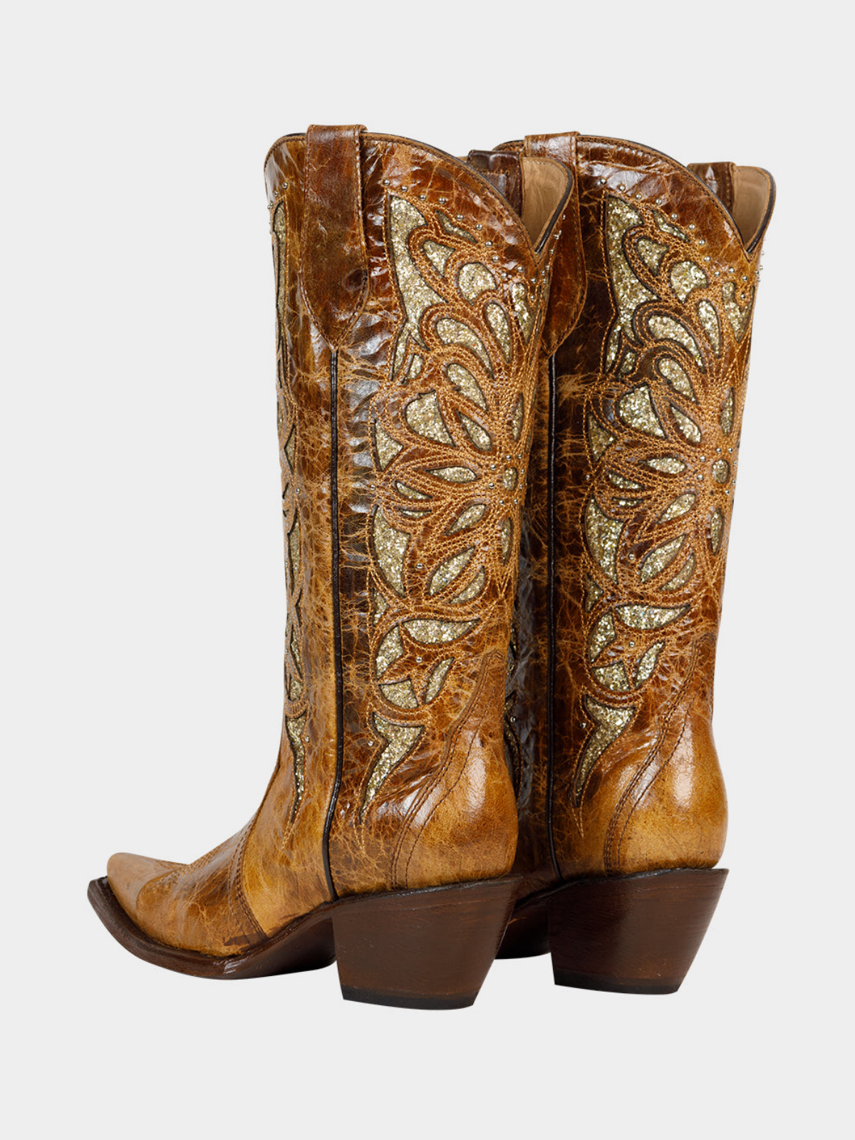 Distressed Honey Snip-Toe Studded Embroidery Glitter Inlay Knee High Tall Cowgirl Boots