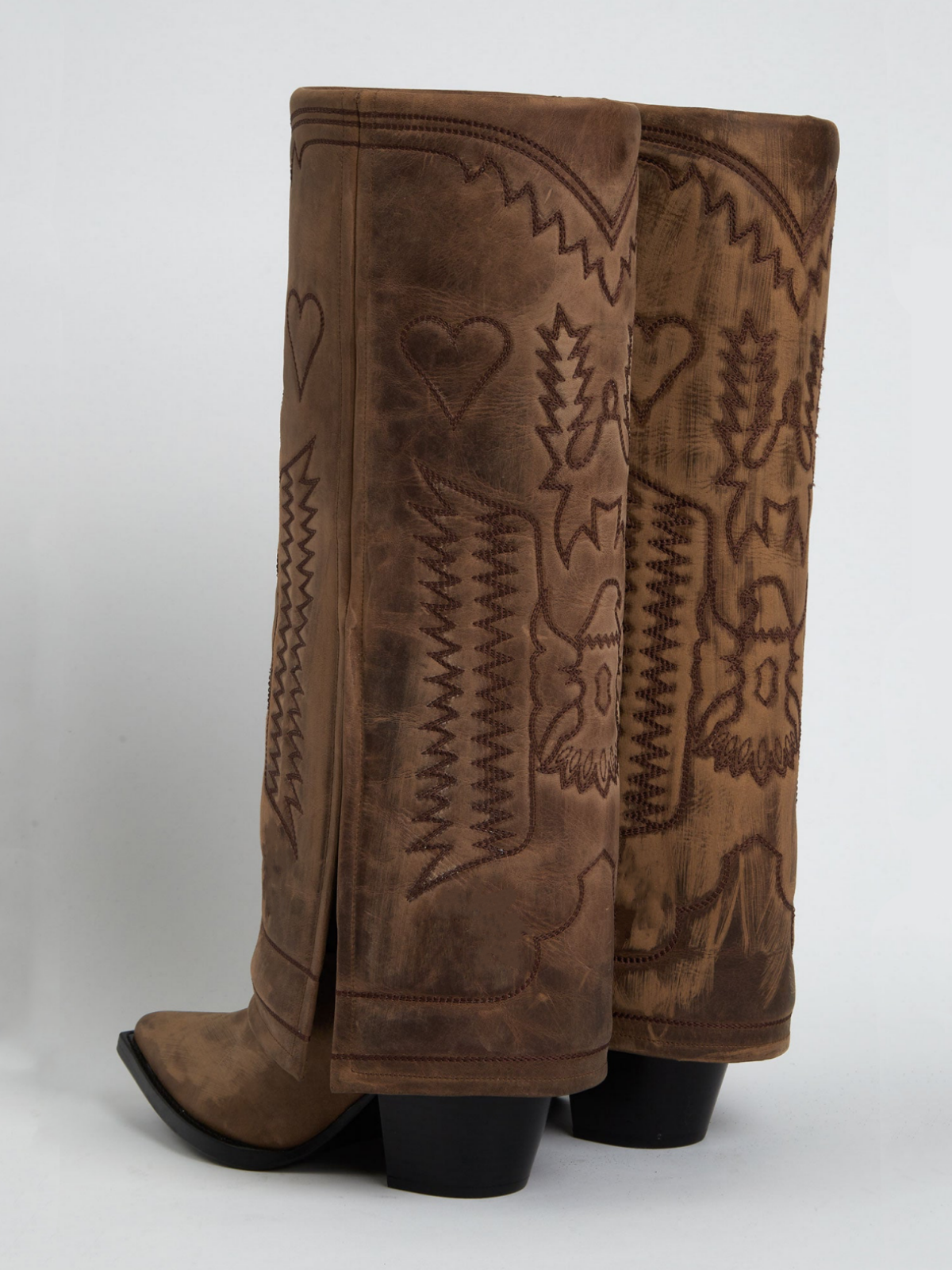 Fold-Over Panel Eagle And Heart Embroidery Snip-Toe Knee High Boots - Distressed Camel