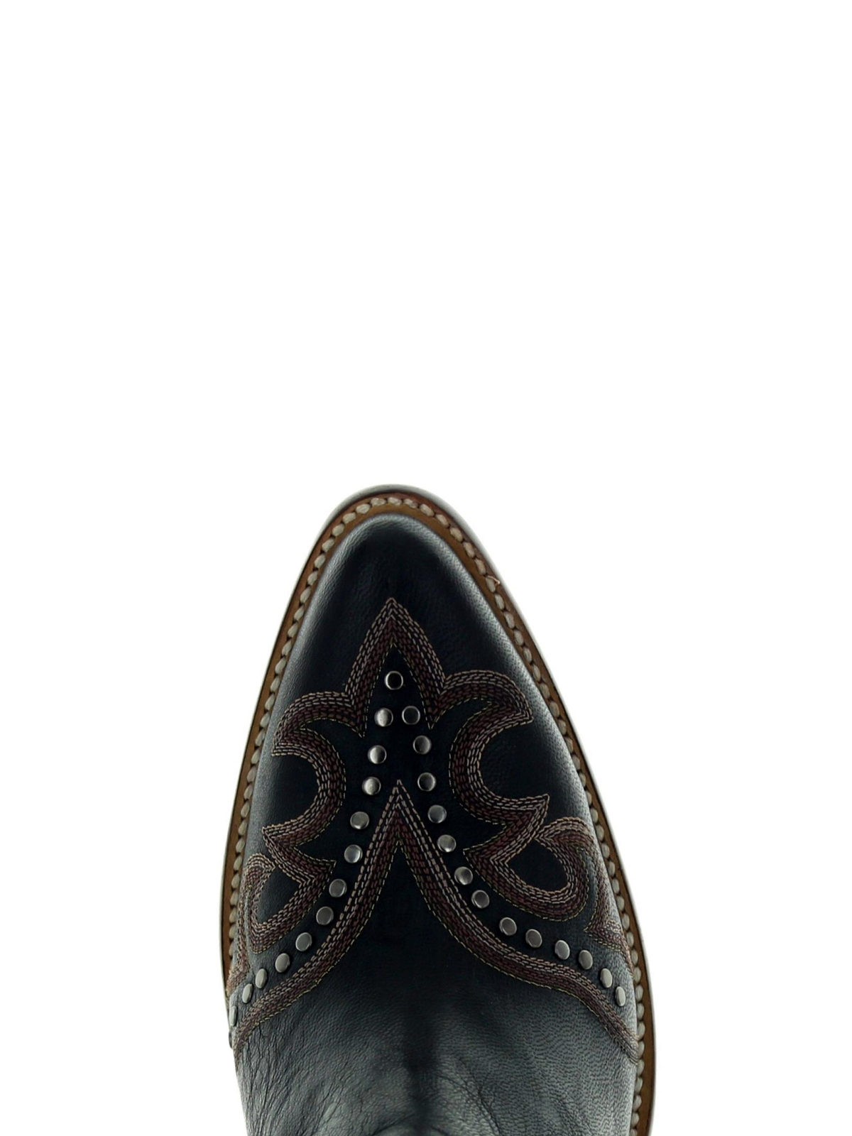 Almond-Toe Studded Embroidery Ankle Cowgirl Boots - Black