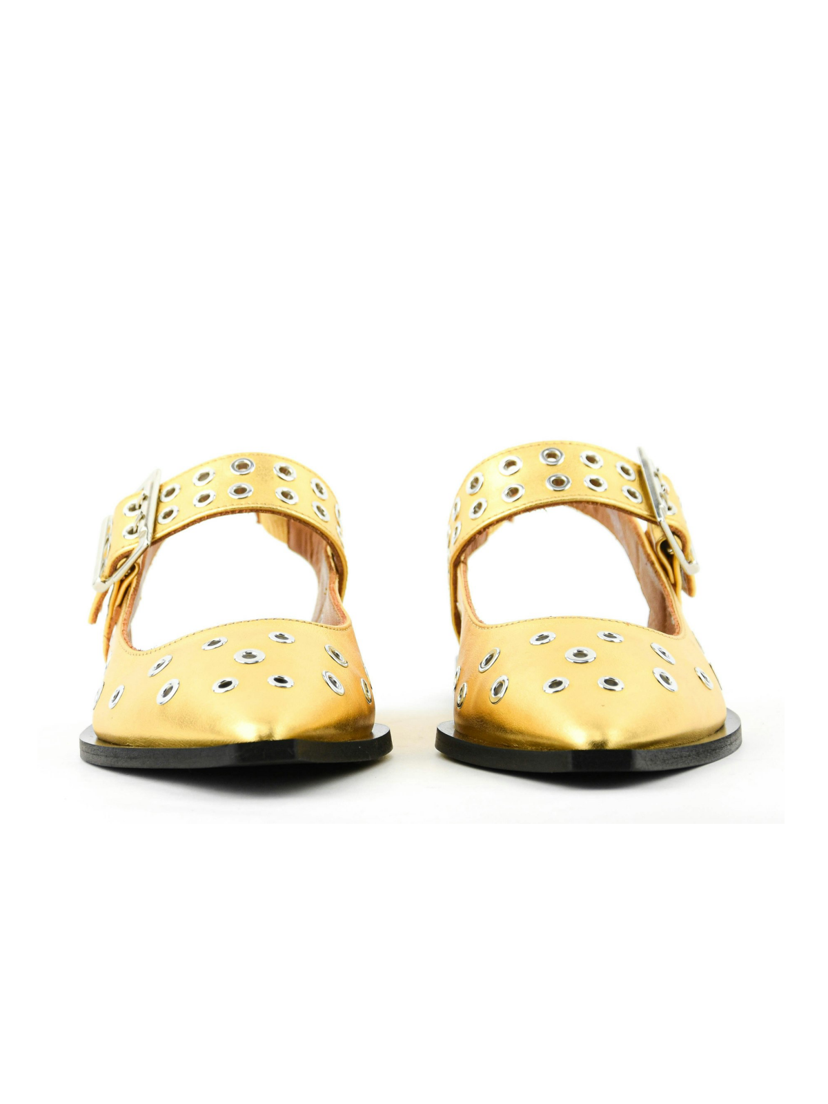 Metallic Gold Grommet Eyelet Buckle Pointy Flats Mary Janes Slingbacks