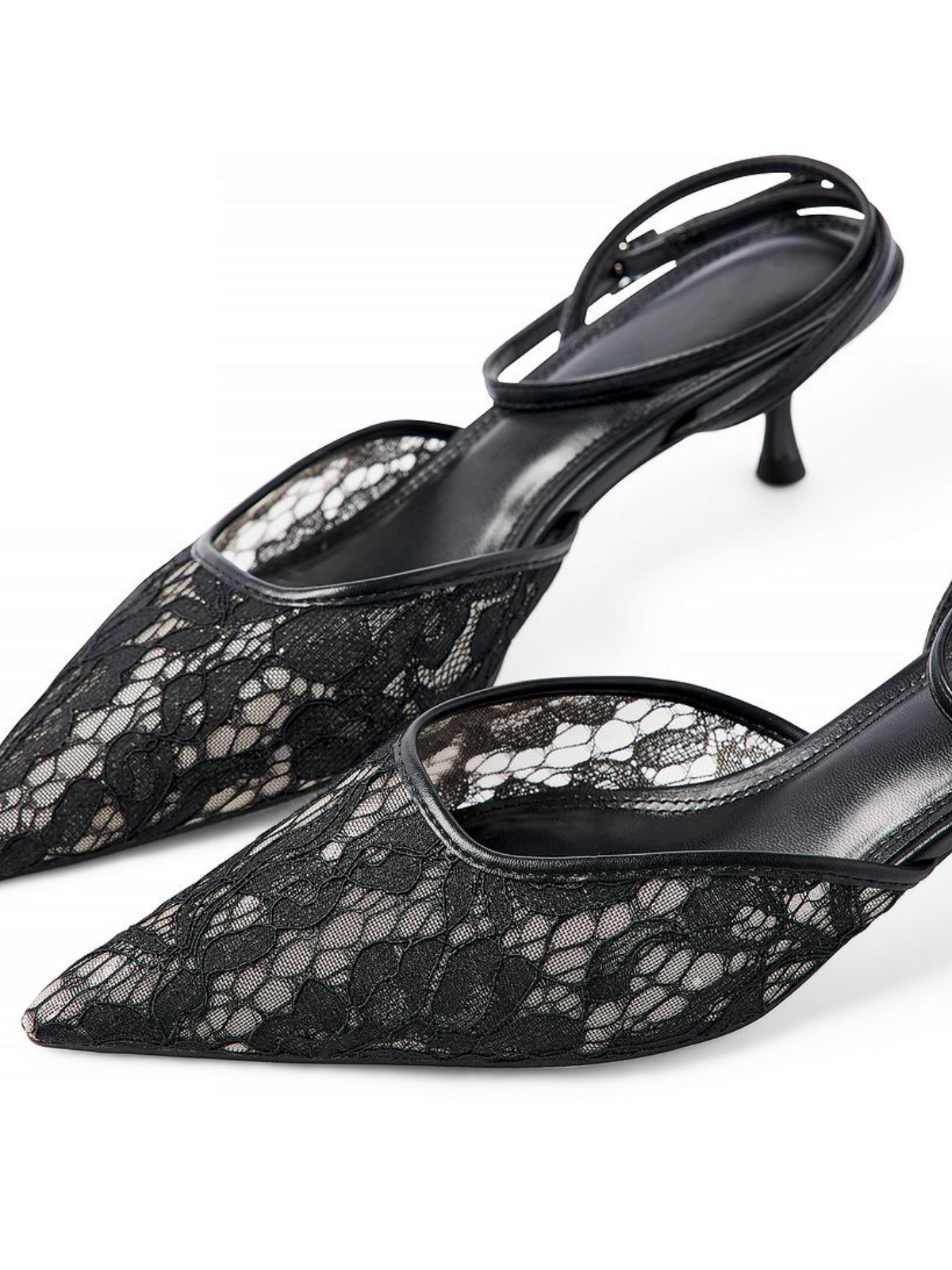 Black Lace Floral Mesh Pointed-Toe Slingback Pump Kitten Heels With Ankle-Strap