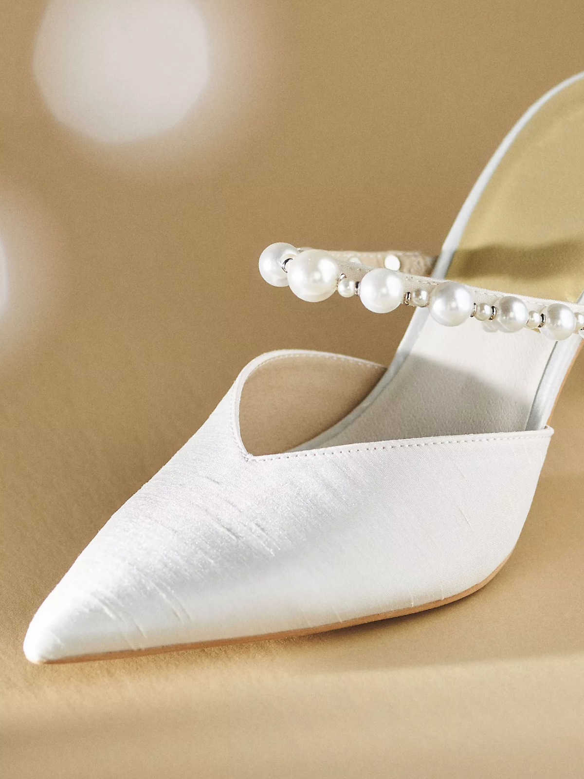 Ivory Satin Pointed-Toe Pearl Bridge Strap Pump High Heels