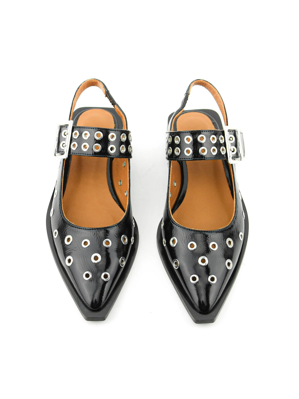 Black Patent Grommet Eyelet Buckle Pointy Flats Mary Janes Slingbacks