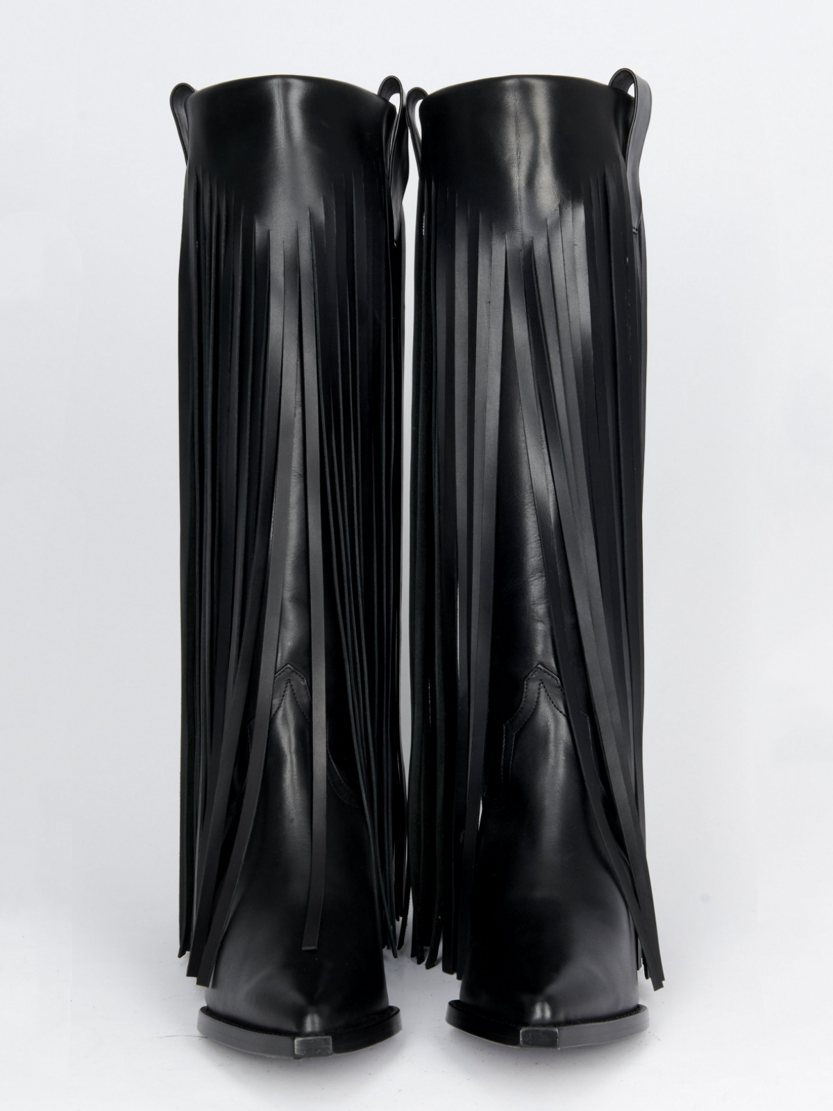 Black Snip-Toe Fringed Folded Panel Wide Mid Calf Boots