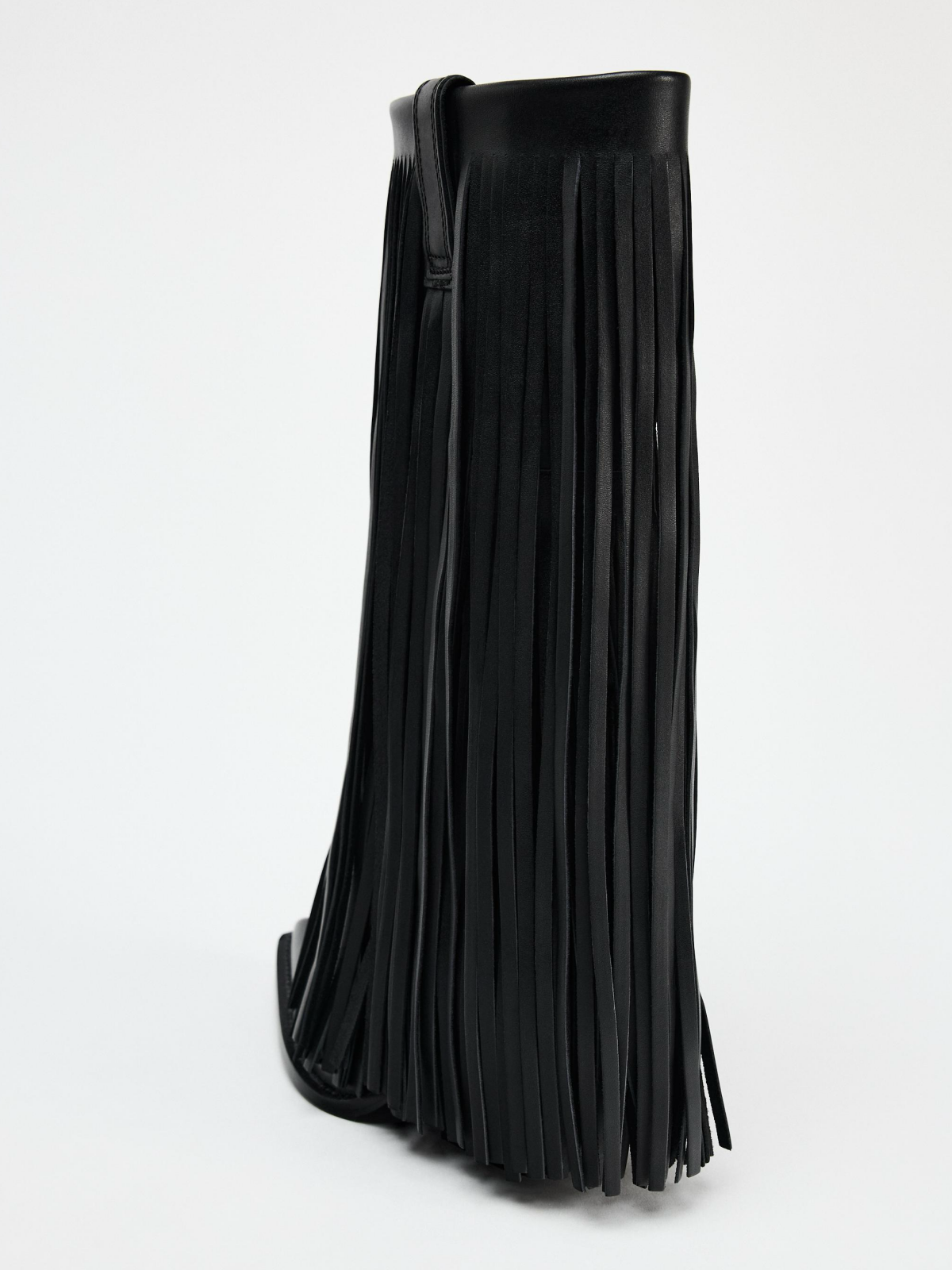 Black Pointed-Toe Fringe Mid Calf Stiletto Boots