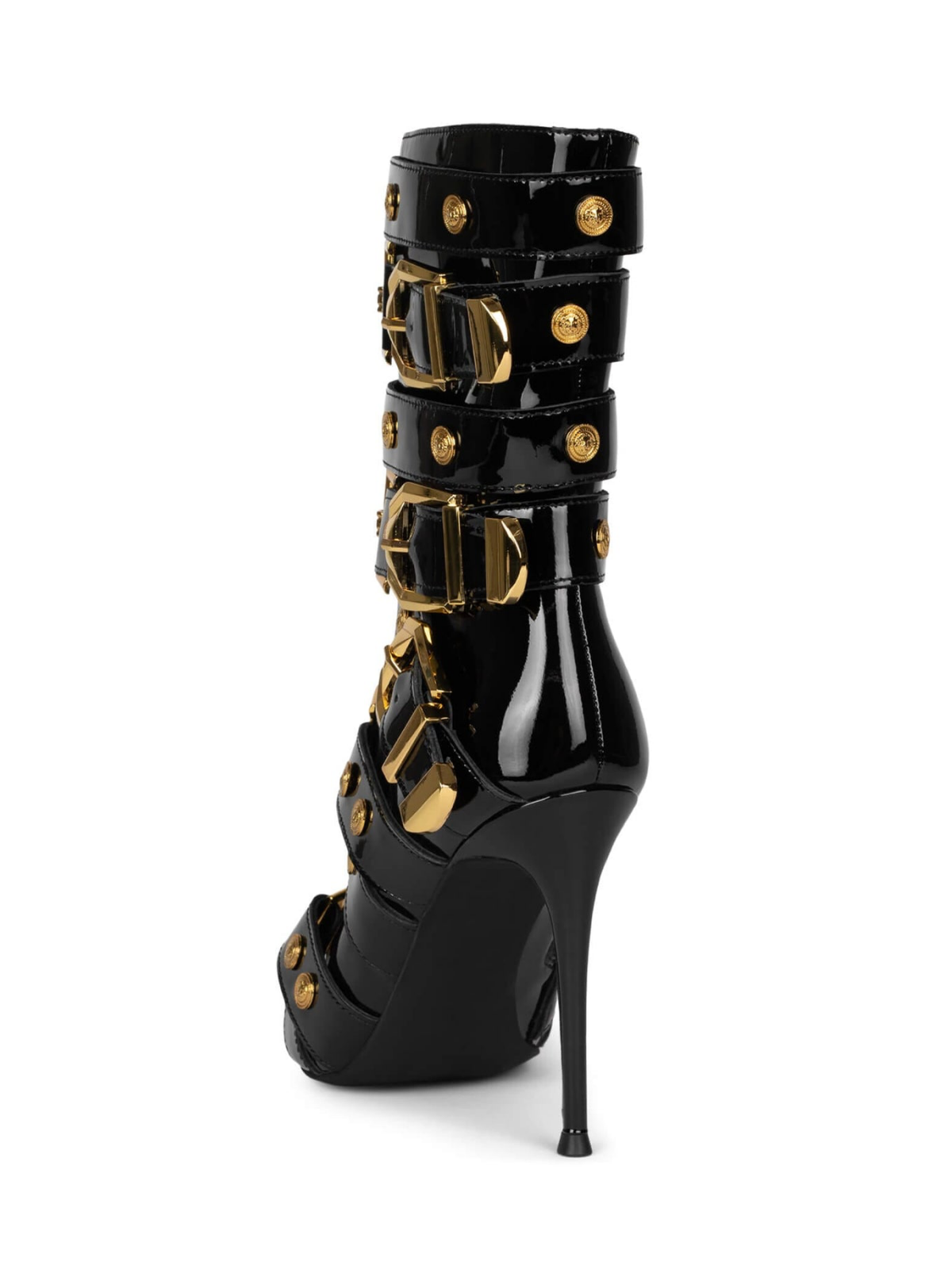 Patent Black Pointed-Toe Full-Zip Strappy Buckled Ankle Stiletto Boots With Gold Lion Emblems